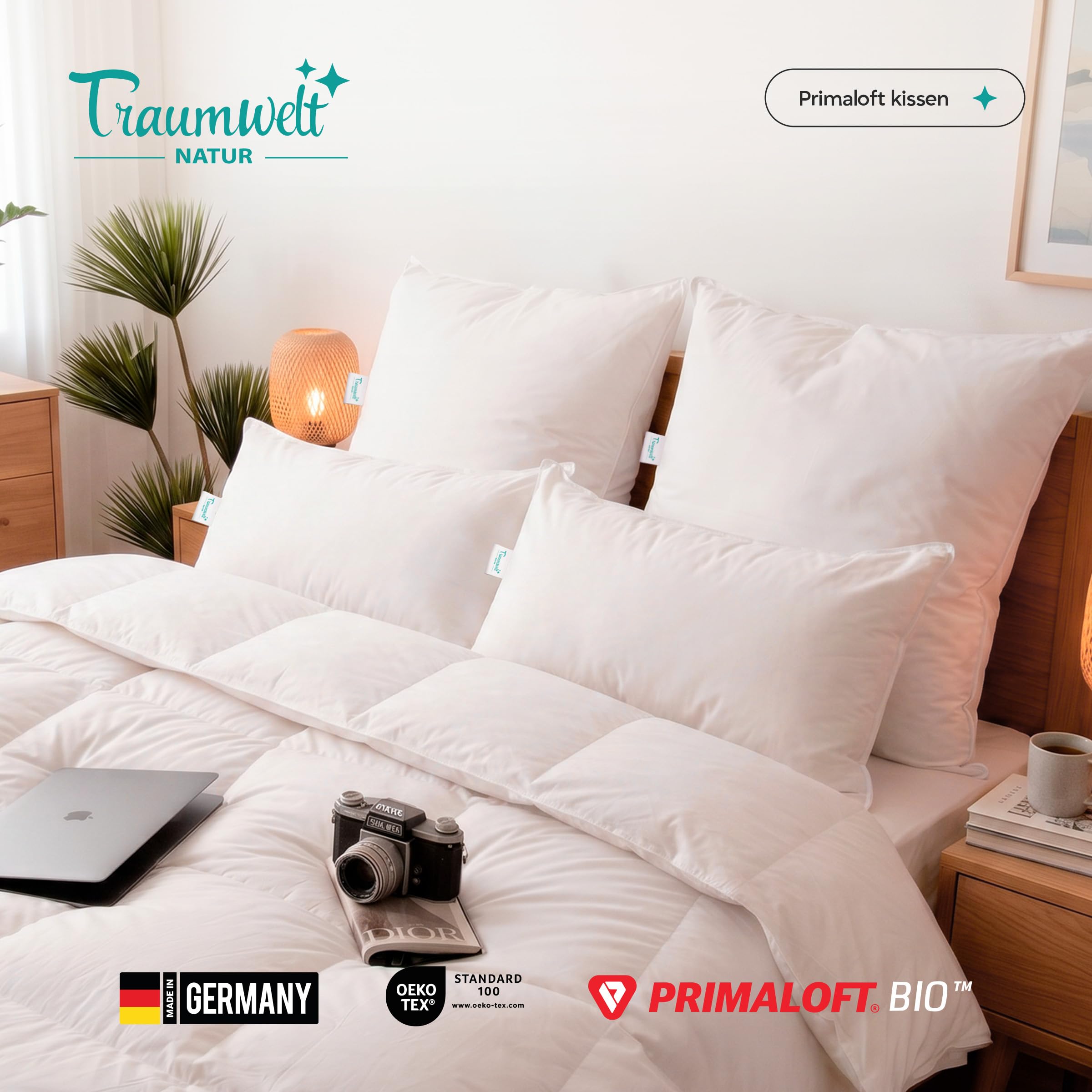 Made in Germany Kopfkissen 80x80 cm, mit Primaloft Bio Mikrofasern-Füllung, weiß, Füllgewicht: 1500g. Allergiker geeignet, Öko-Tex 100, biologisch abbaubar, Klimaneutral