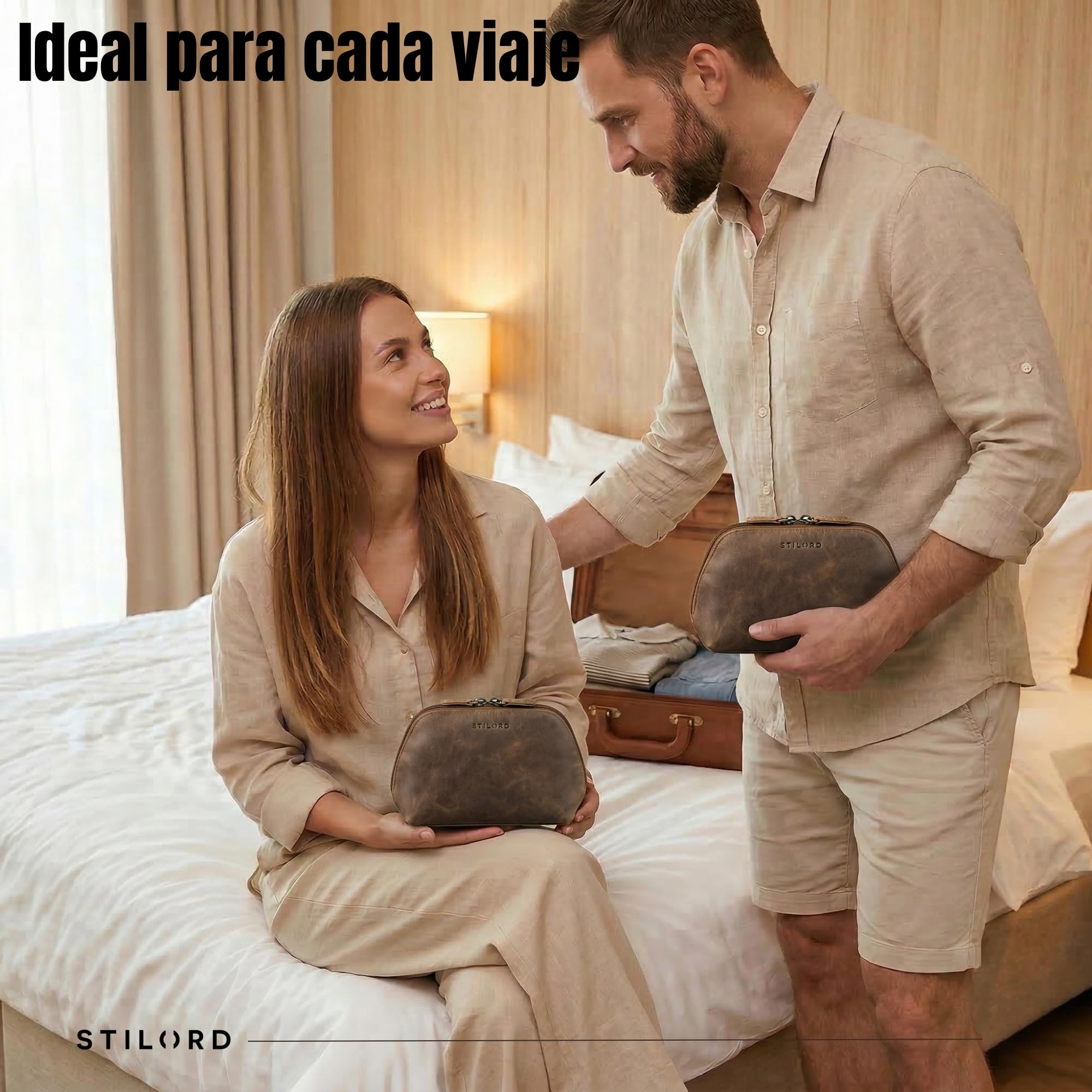 STILORD Elma Neceser Mujer Piel Neceser Hombre | Bolsa de Aseo Pequeña de Cuero Auténtico Organizador de Cosméticos para Viaje Color:marrón - Medio