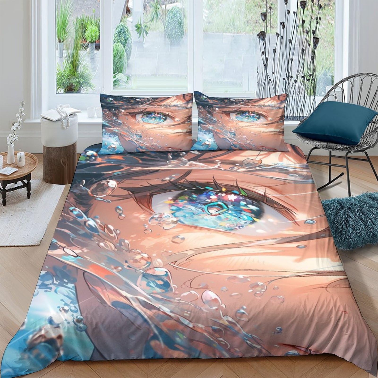 Housse de couette double 200x200cm ICOBES avec taies d'oreiller motif Crystal Blue