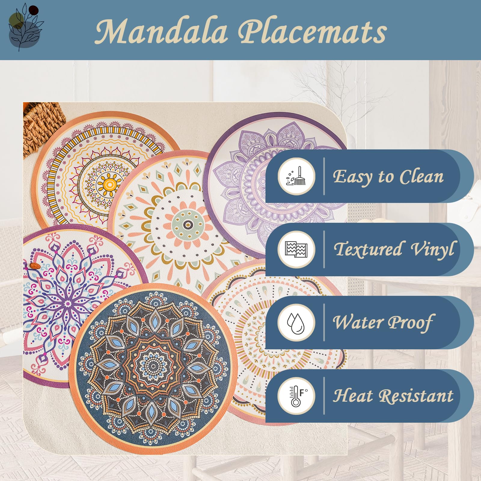 Elistonie Set of 6 Boho Round Placemats Waterproof Textured Vinyl Placemats for Dining Table Heat Resistant Dining Mats Washable Place Mats Mandala Round End Table Mat Bohemian Table Settings (MIX) - Image 3