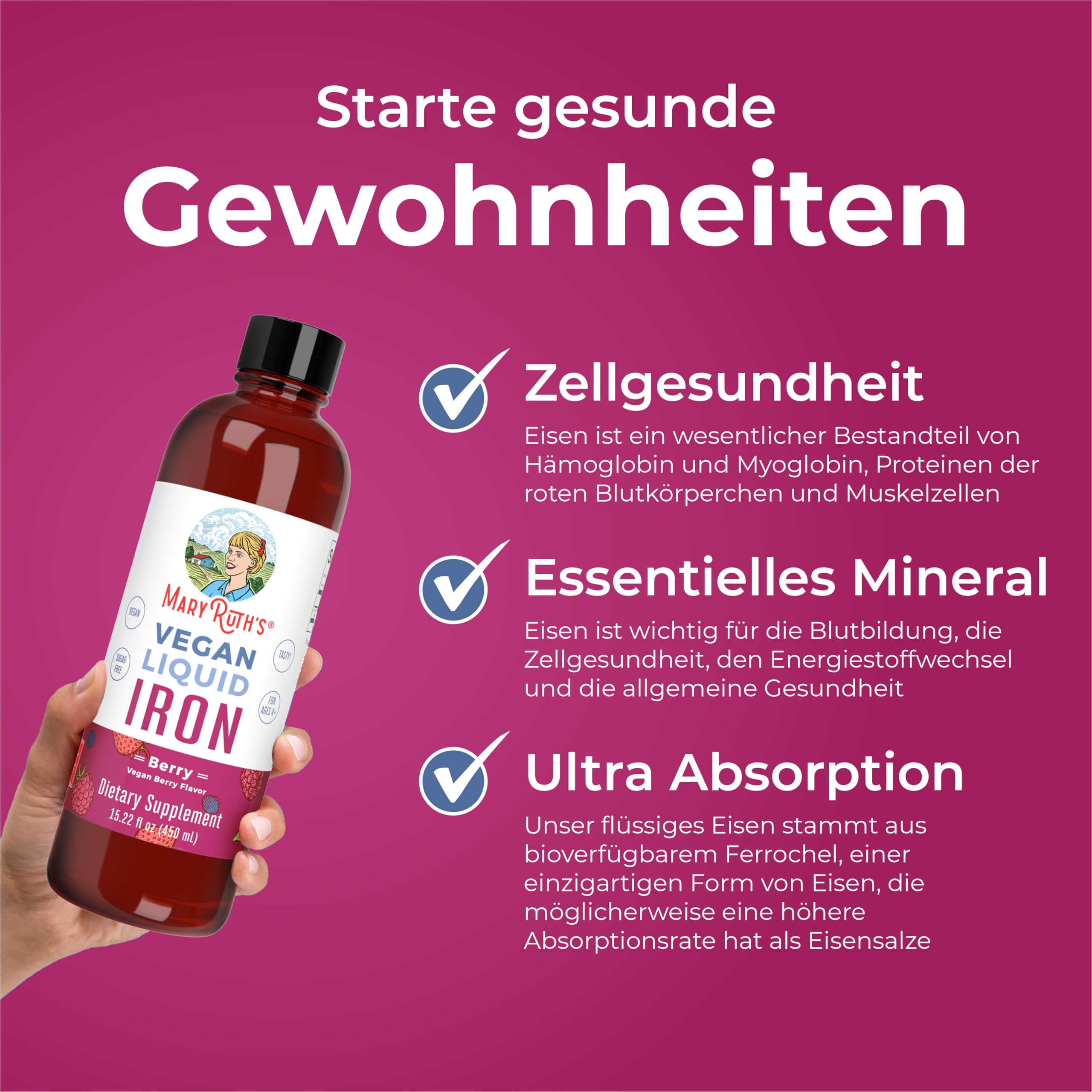 MaryRuth's, Liquid Iron, 450ml, 18mg Eisen je Dosis, Beerengeschmack, Vegan, Glutenfrei, Sojafrei, GMO frei