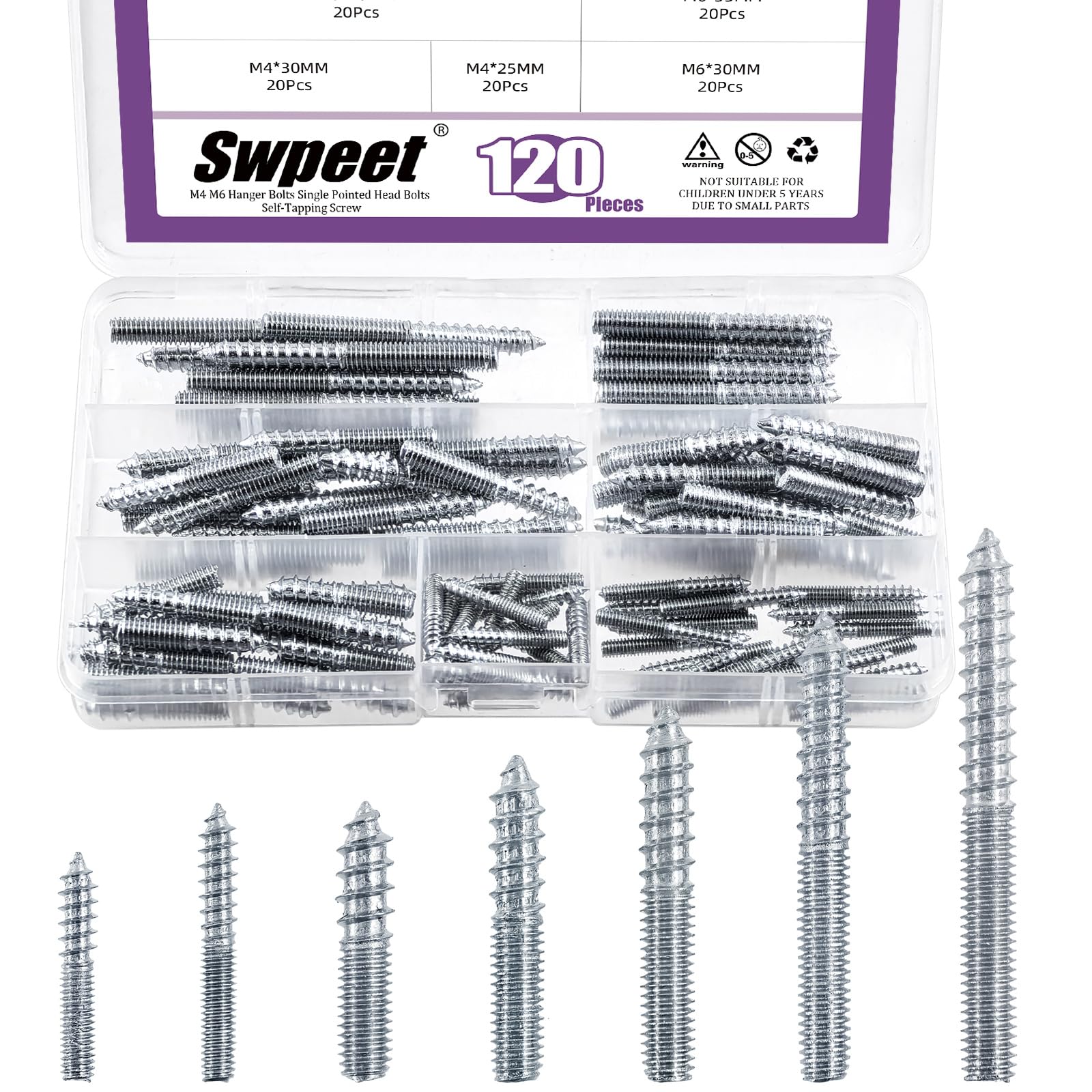 Swpeet Kit assortito di 120 bulloni a gancio in zinco M4 M6 in 7 misure, bulloni a doppia testa, bulloni a gancio autofilettanti, bulloni a vite per tasselli, aste filettate, viti per mobili per