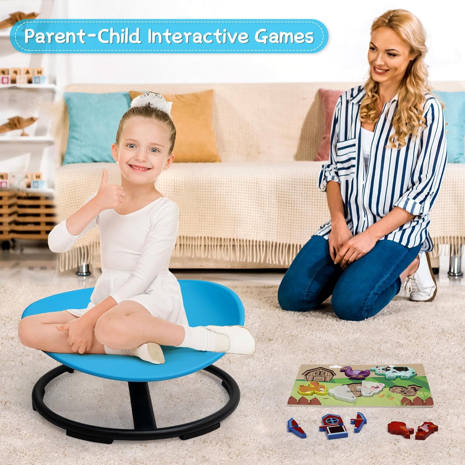 Kids Sensory Swivel Chair, Sensory Spinning Chair for Autism Kids, Body Coordination Training Chairs, Spin Seat, Metal Base, Non-Slip Design (Blue)