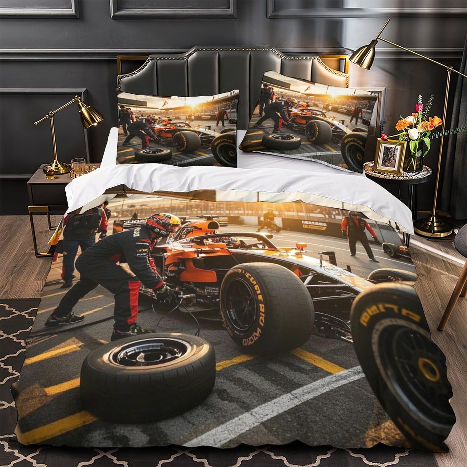 DAFUfbw Warmth Formulaa Racing Duvet Cover Super King（260x220cm）, All Season Decorative Pit Stop Quilt Cover with Pillowcases, Bedding Set Soft Pit Stop Comforter