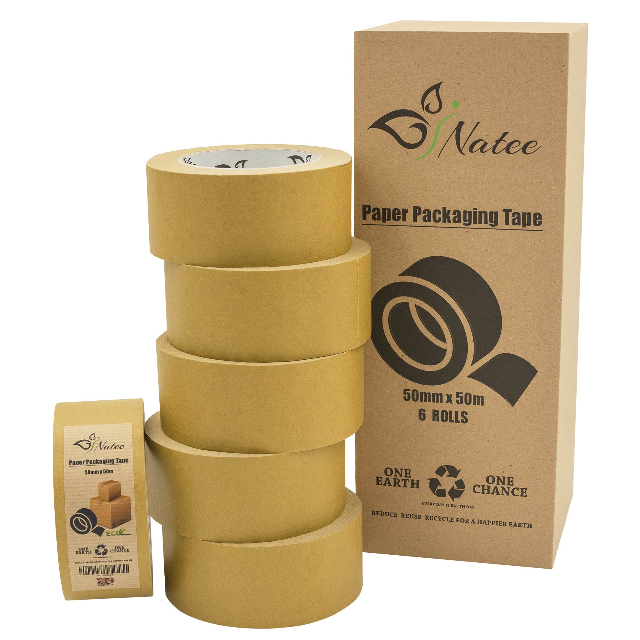 NATEE® Nastro adesivo in carta kraft, completamente riciclabile, resistente, ecologico, per imballaggi e scatole, carta marrone per traslochi, 50 m x 50 mm (6)