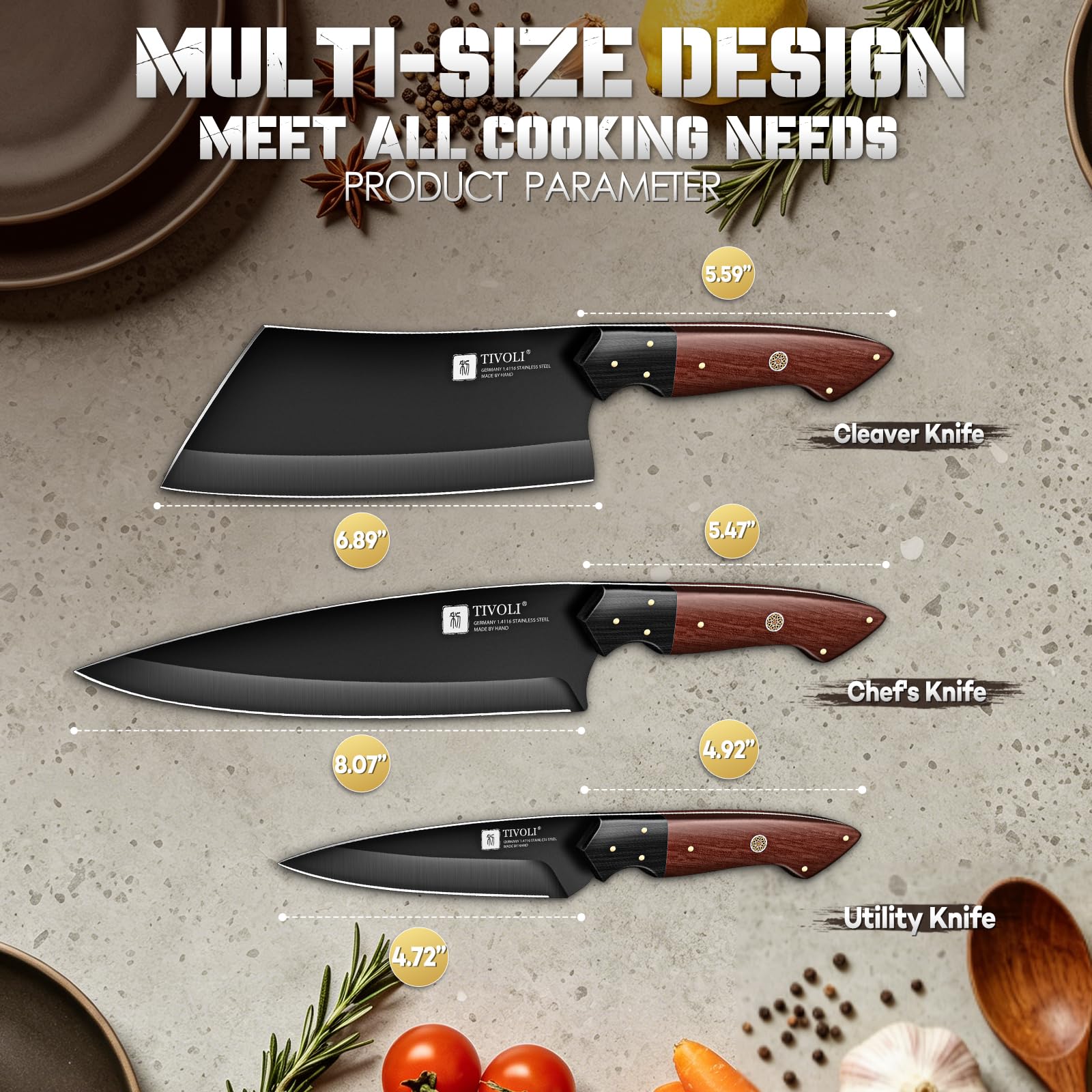 TIVOLI Kitchen Knife Set - 3 Piece Chef's Knife Set -6