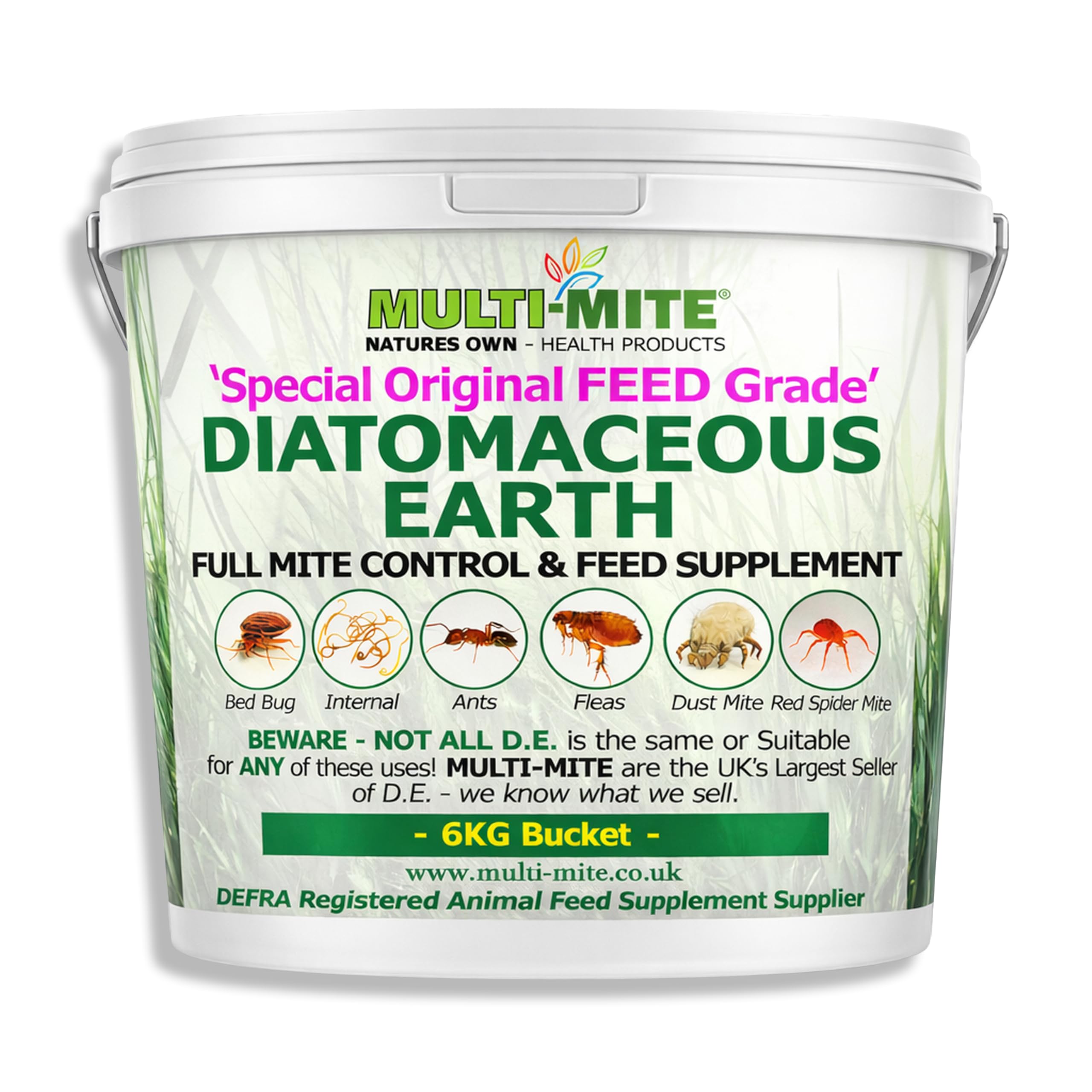 Multi-Mite 6kg Bucket Feed Grade DIATOMACEOUS Earth - Red Mite, Fleas & All Animal Lice Control Powder (6KG)