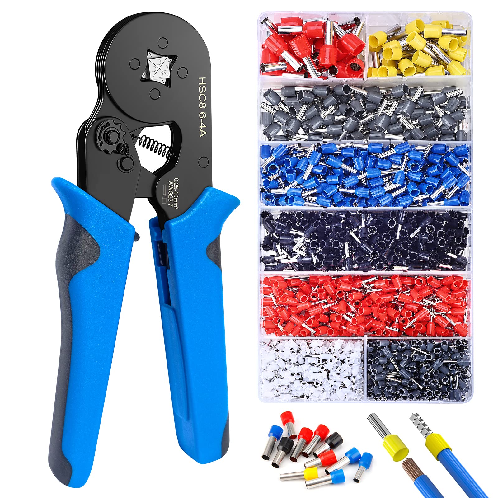 DIVANCFerrule Crimping Tool Kit, Ferrule Crimper Plier with 1200pcs Wire Ferrules Kit Wire Ends Terminals, Self-adjustable Ratchet Wire Crimper for AWG 23–7 Electrical Wire Connectors（Blue）