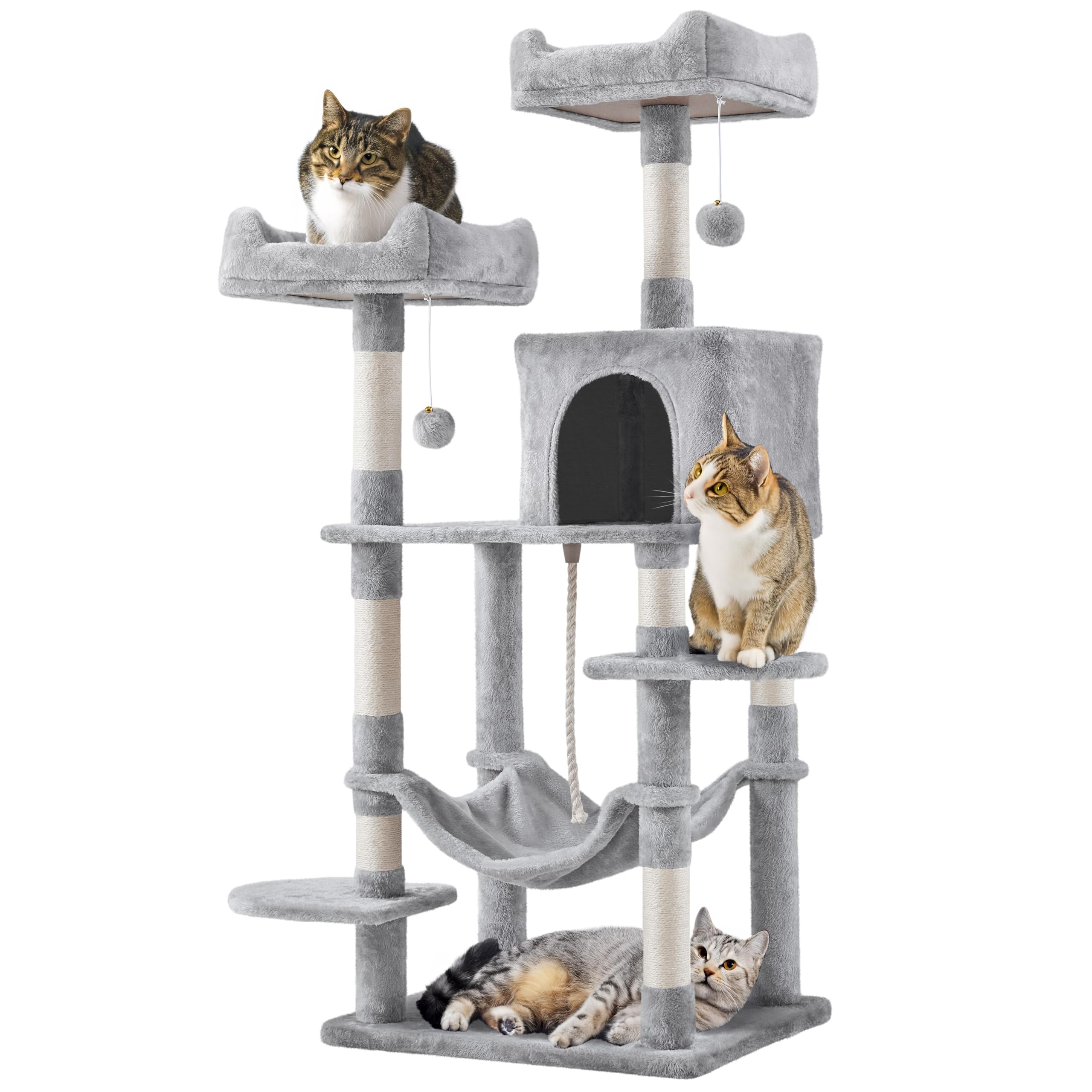 Yaheetech 150cm Large Cat Tree Scratching Posts with Condos/Hammock Cat Climbing Tower Centre for Indoor Cats, Light Grey