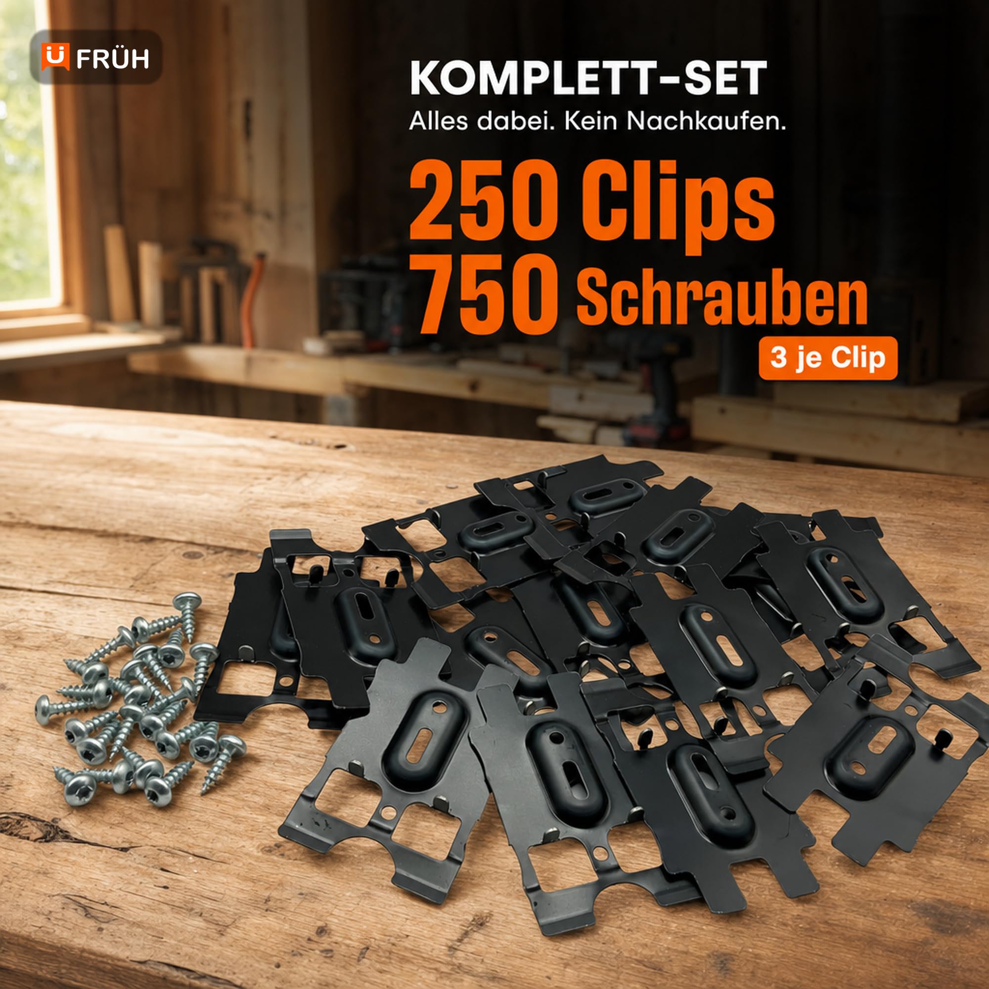 FRÜH Pan-Clip Rhombusleisten Befestigung 60-75 mm, Fassadenclip für Rhombus und Parallelogramm Profile, 250 Stück inkl. Schrauben
