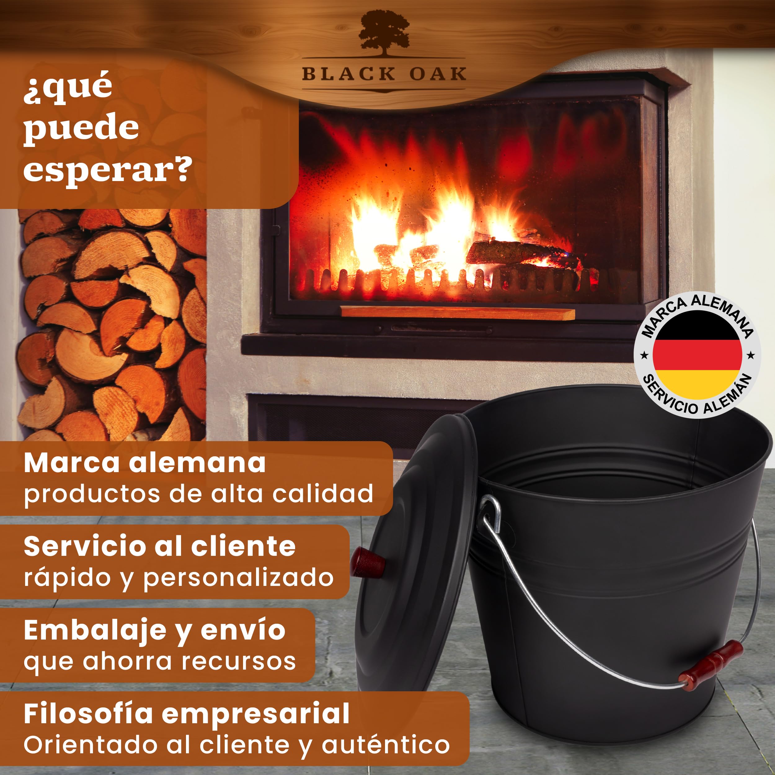 BLACK OAK KATLA - Cubo de cenizas (15 L, tapa negra con botón de madera, grande, 15 L, acero galvanizado, recubrimiento en polvo, cenizas y carbón, accesorio ideal para chimenea, estufa de azulejos,