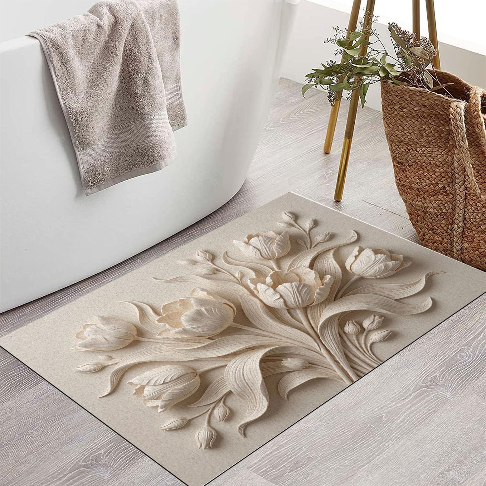 Zerbino Ingresso Interno Rilievo Tridimensionale Un Elegante Tulipano, Zerbino Di Benvenuto Lavabile Morbida Piante Naturali, Antiscivolo Tappeto Da Decorazioni Beige Per Casa Porta, 60X90Cm