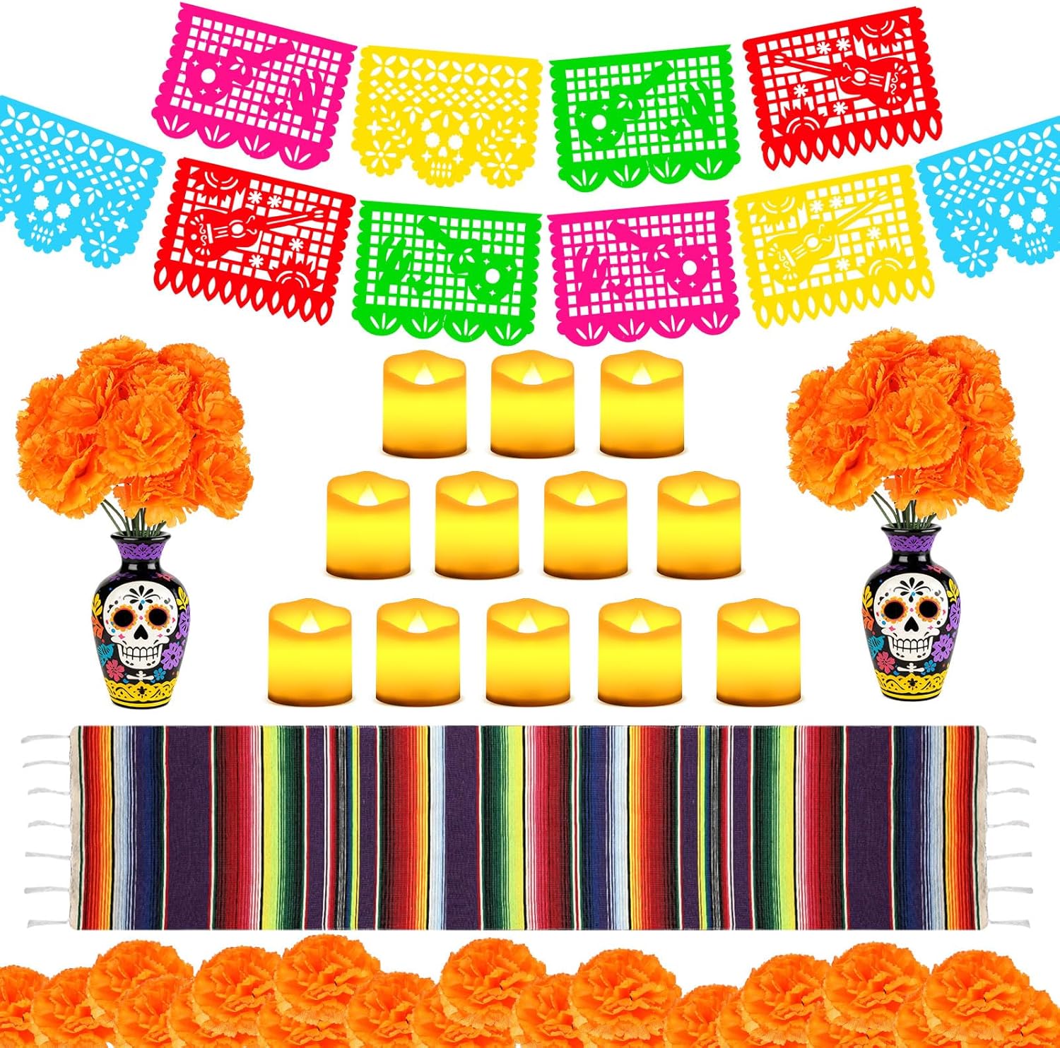 Liliful 44 Pcs Day of the Dead Decorations Set Artificial Marigold Flowers Mexican Party Banners Flameless Votive Candles Dia De Los Muertos Table Runners for Wedding Festival Fiesta Halloween Decor