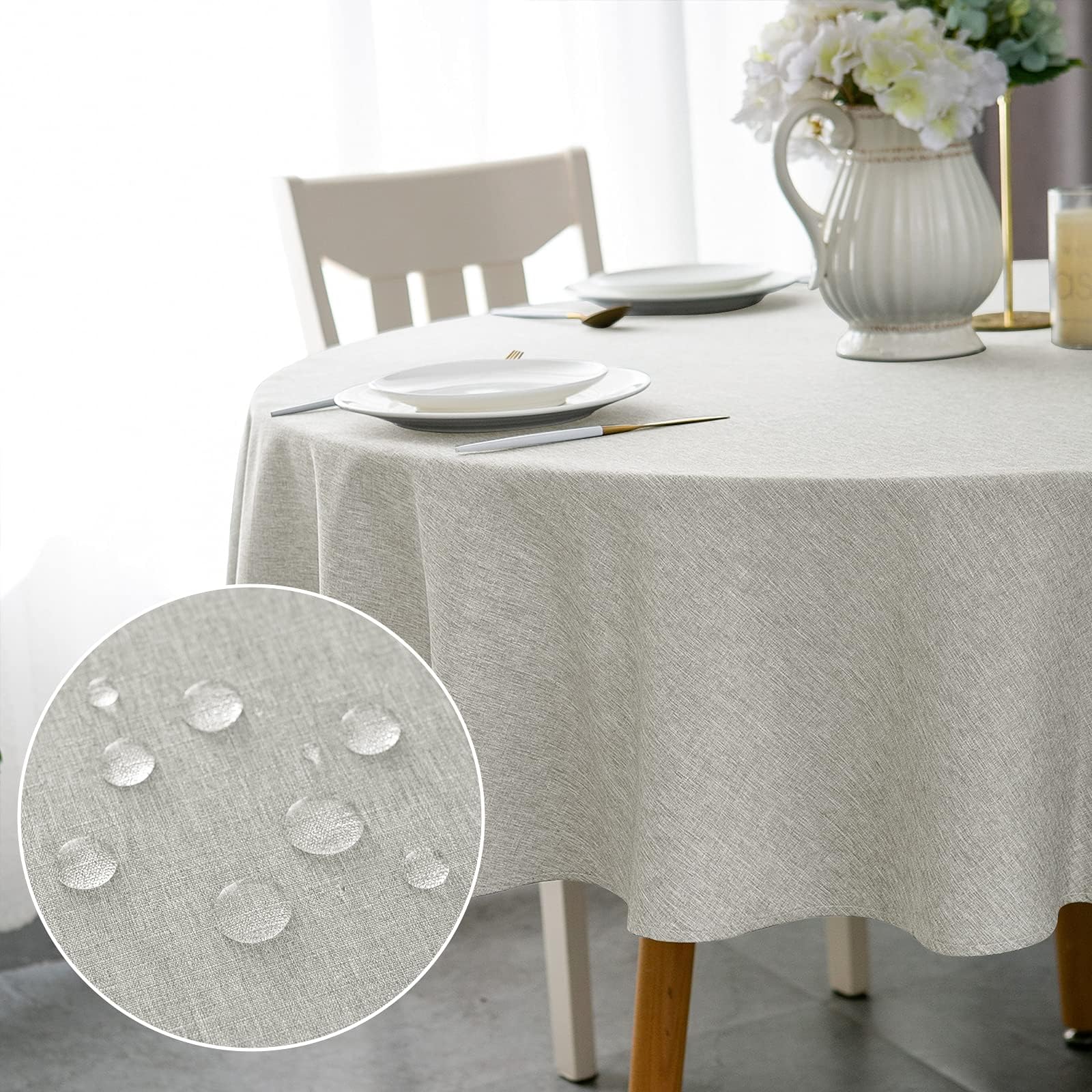 WELTRXE Round Table Cloth,180cm Diameter,Faux Linen Tablecloth,Water Resistant Spill Proof Wipeable Polyester Dining Table Cover for Cafe Restaurant Buffet Tabletop Decoration,Silver Grey