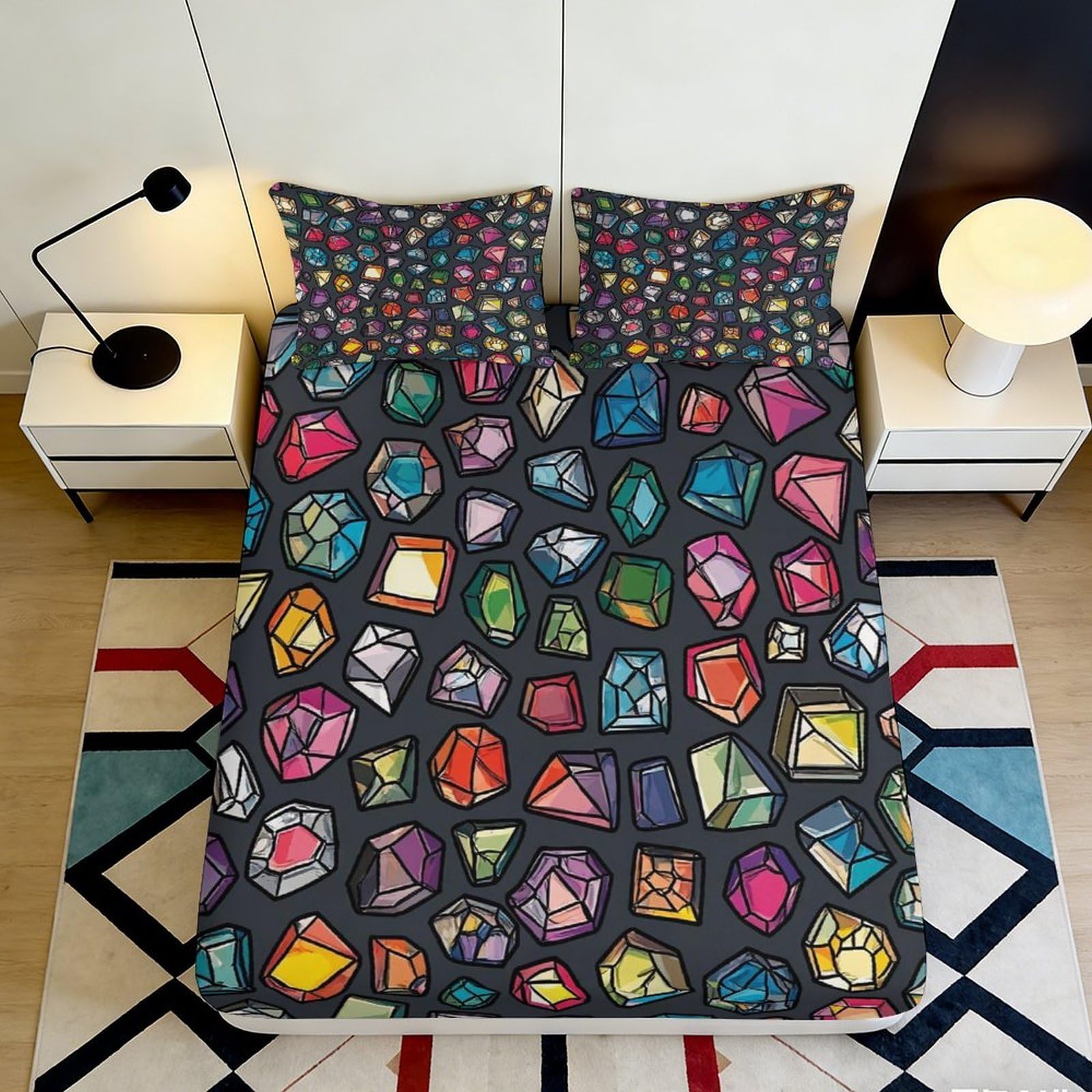 3D Printed vibrant gemstone Fitted Sheet, soft touch Microfiber, wrinkle resistant, apartment bedding, decorative bed cover for home and guest room, easy care 160x200x25cm