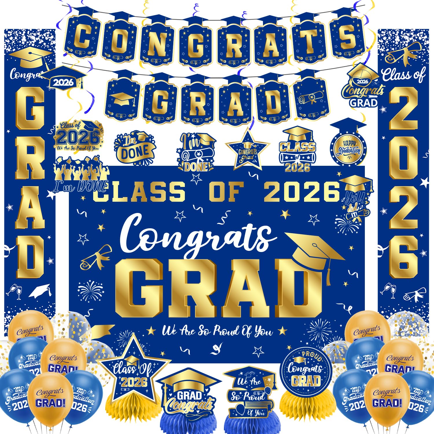 Photo 1 of Graduation Decorations 2026 Blue and Gold Set, Congrats Grad Decor Set with Banner Backdrop Porch Sign,Hanging Swirls Honeycomb Centerpieces Balloons for Grad Party Decorations (Blue Gold)