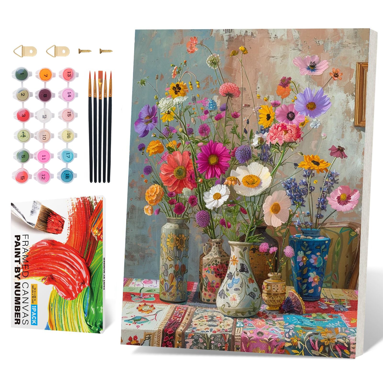 PRASIO Framed Paint by Numbers Kit for Adults Beginner, Vintage Flowers Adult Paint by Number Kits