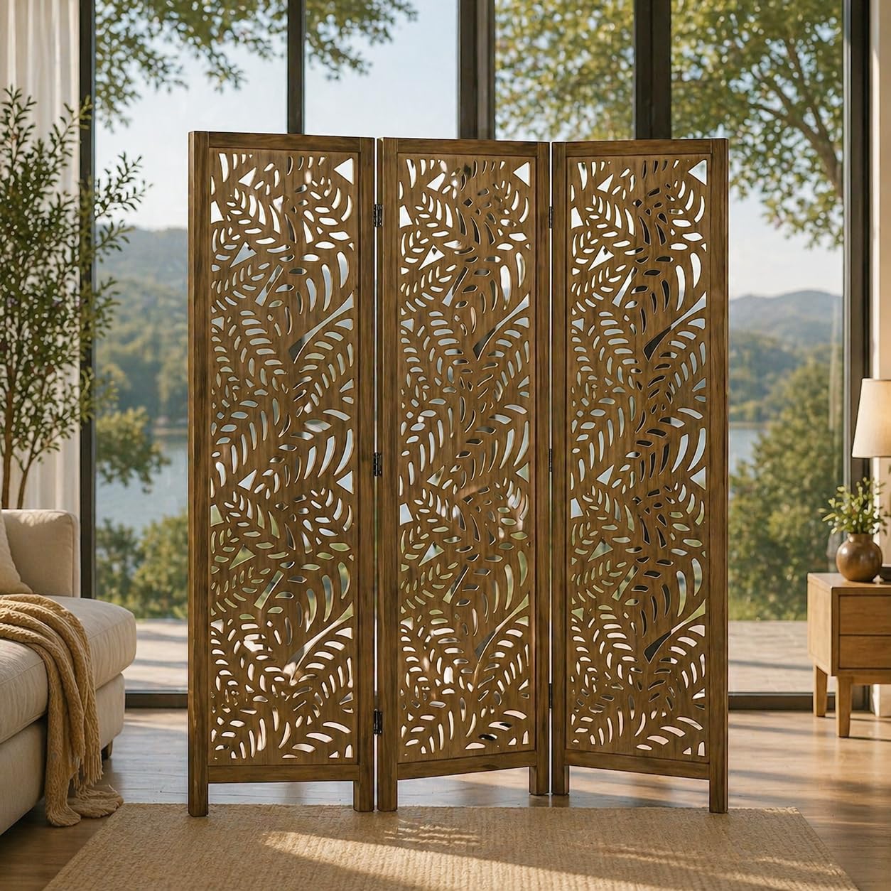 Wooden Room Divider Beautifull Leaf Design 6 Feet 3 Panel Folding Privacy Screen, Partition for Bedroom, Home, Office, Studio & Restaurant (144W x 1.82H m) (Brown)-image-44