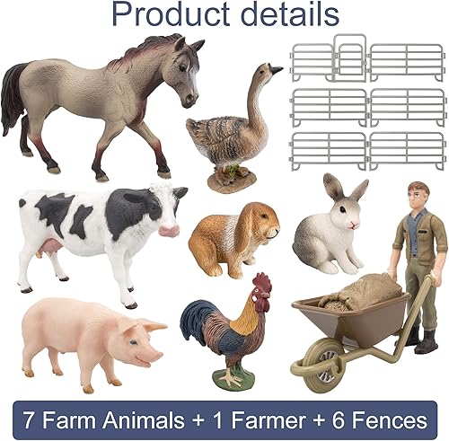 Miniatura 2 de TOYMANY Juego de 14 figuras de animales de granja realistas con valla juego de animales de granja incluye granjero caballo vaca cerdo gallina pato