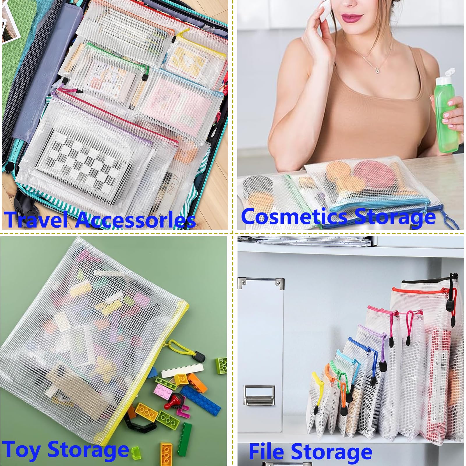 12 bolsas de plástico con cremallera de malla para documentos con cremallera de plástico para la escuela, hogar, oficina, viajes, cosméticos, 6 tamaños