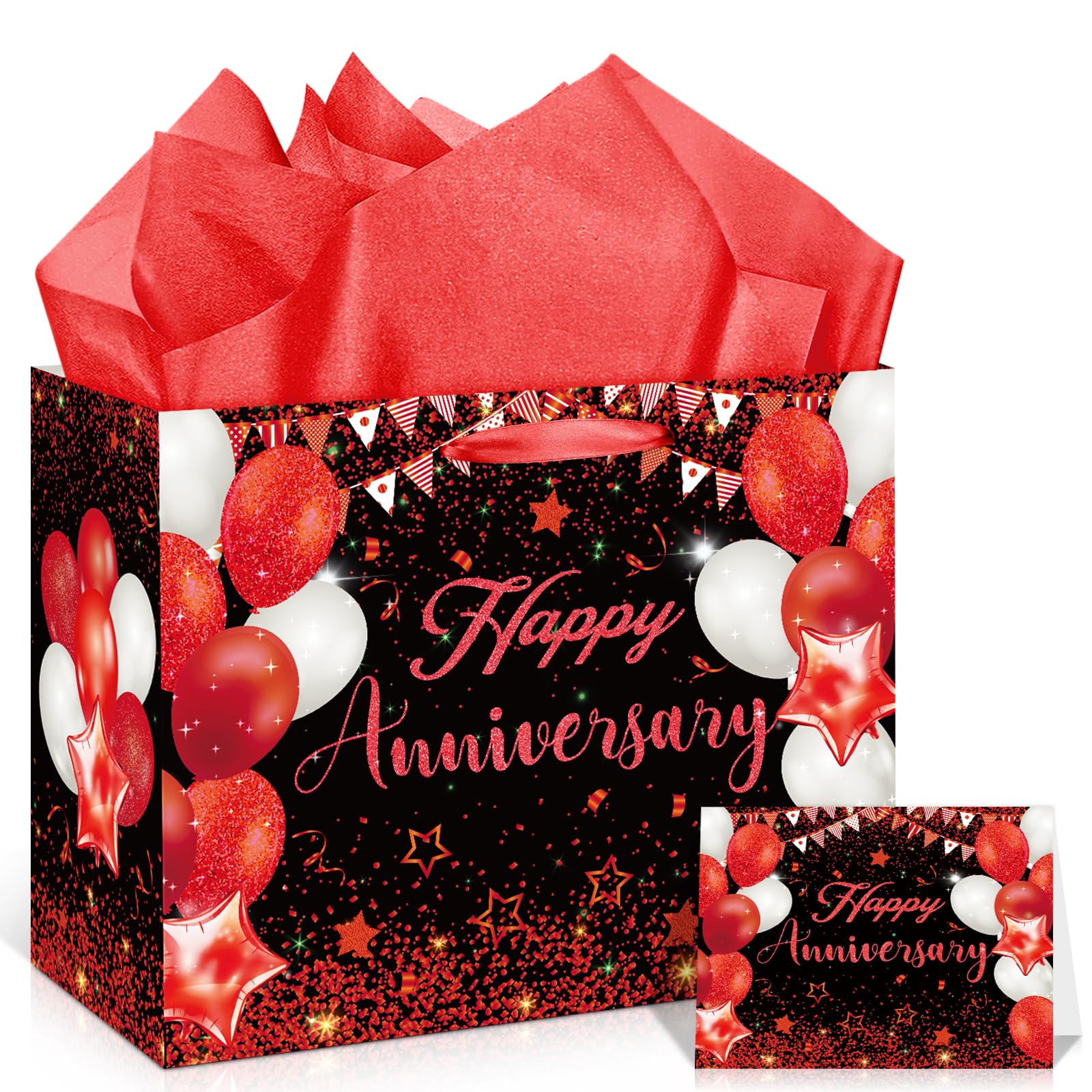 1PC Red Black Anniversary Party Gift Bag with Tissue Paper and Card, 11.8'' Red Black Wedding Anniversary Paper Gift Wrapping Bag Treat Bag for Men Women Wedding Party Supplies