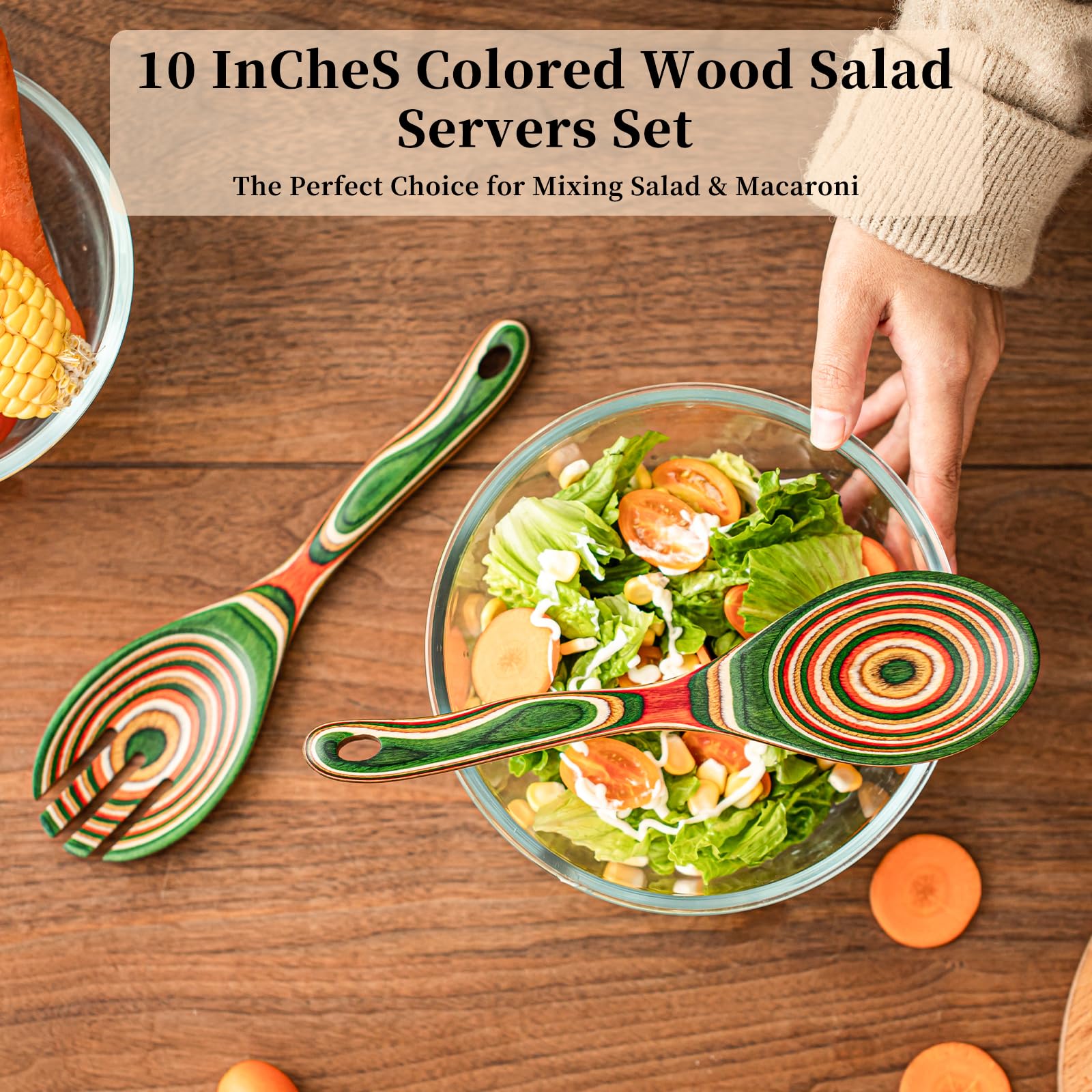 Gudamaye Pakkawood - Juego de servidor de ensalada de madera, pinzas de ensalada de 10.5 pulgadas para servir, incluyendo tenedor y cuchara de ensalada, juego de servidor de ensalada de mango largo