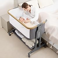Maydolly 3-in-1 Baby Bassinet Bedside Sleeper: Portable Crib with Breathable Mesh, 7 Heights, Mattress & Wheels - Grey Newborn Crib