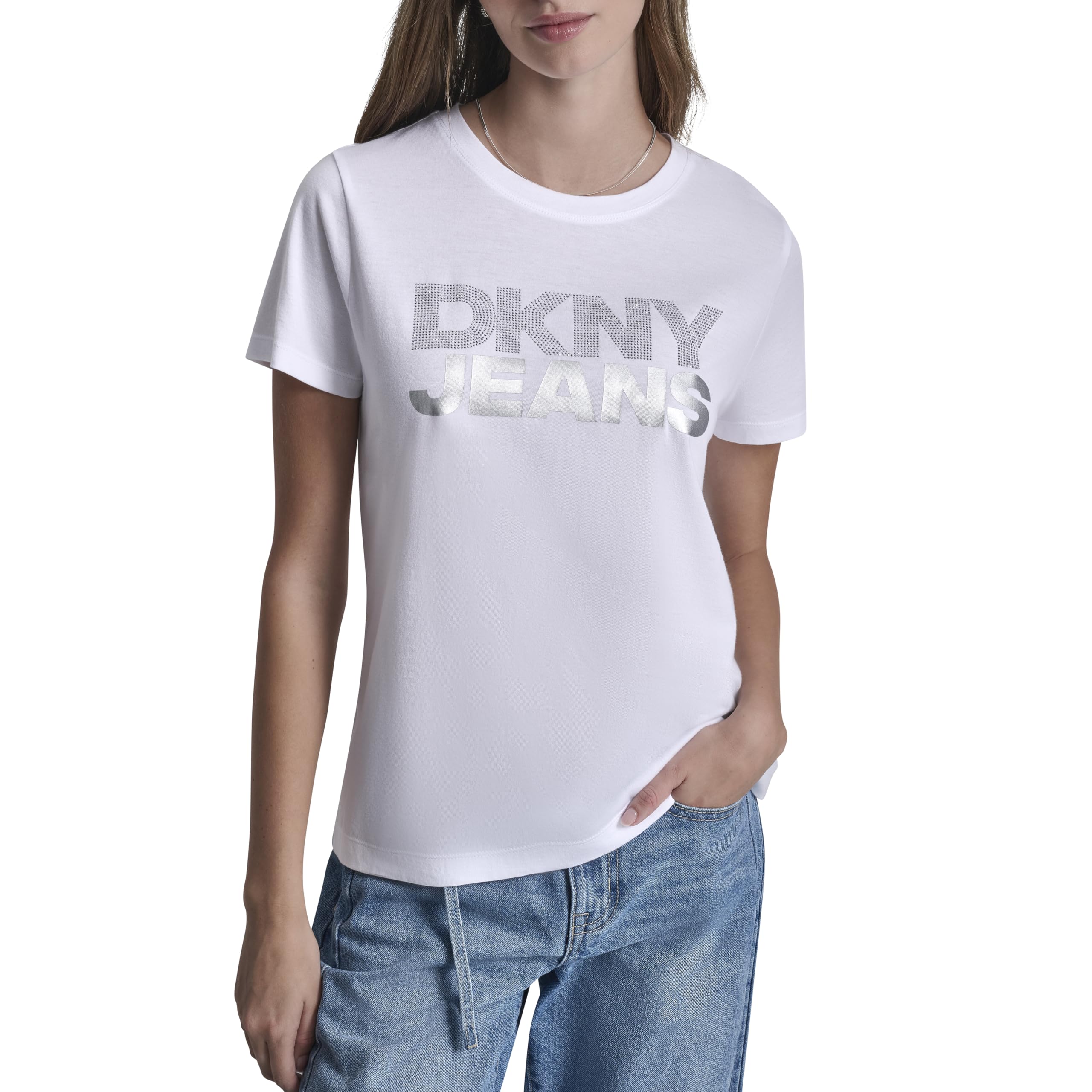 

                                                    DKNY Women's Stacked Logo Rhinestone Foil Logo Cre