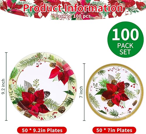 Miniatura 2 de Poinsettia - Platos de Navidad a granel, 50 platos llanos (9.2 pulgadas) y 50 platos de postre (7 pulgadas), juego desechable de papel a granel para