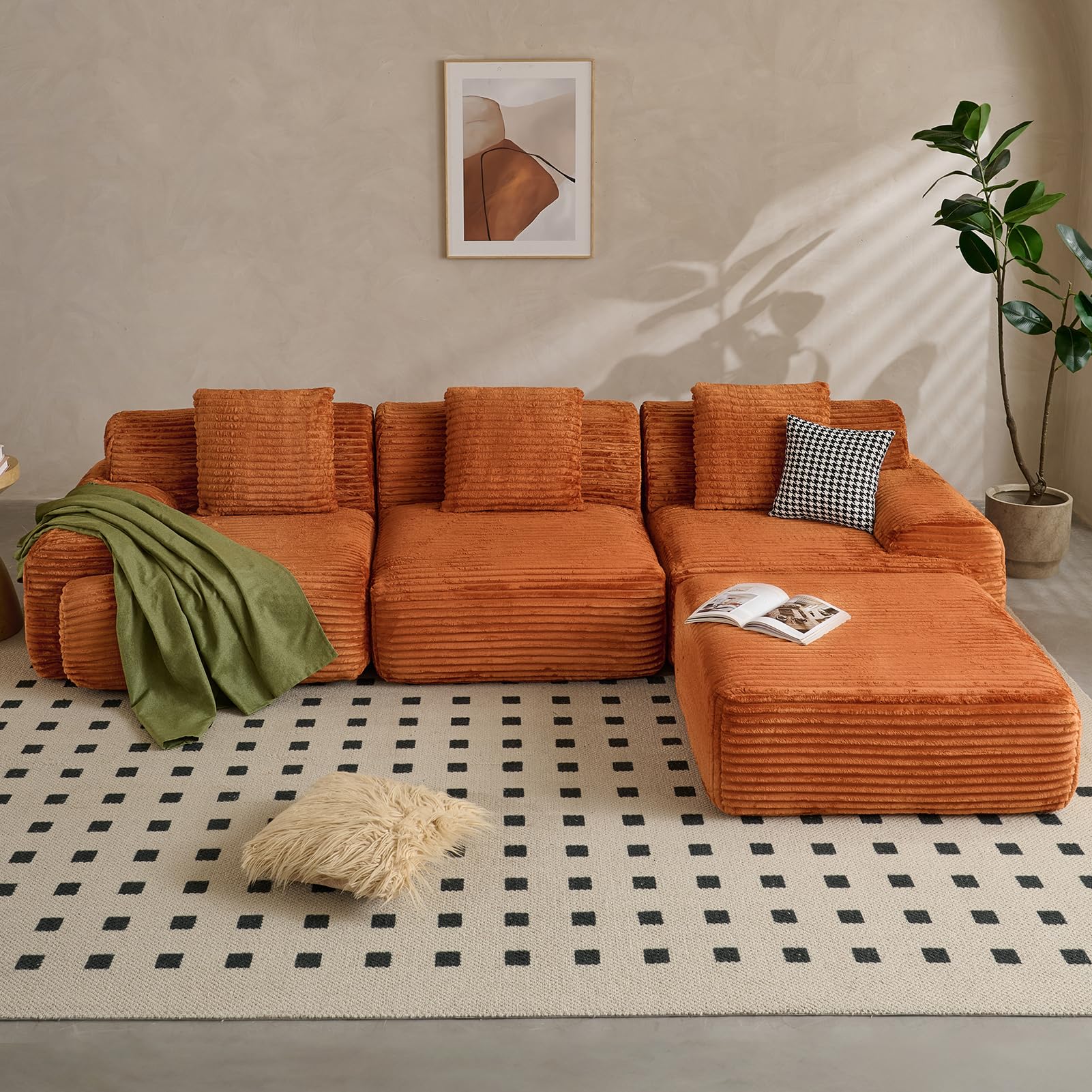 VK·LIVING 113" Cloud Sectional Couch, 61.6" Deep Seat Boneless Modular Sofa with Wide Armrests, Plush Corduroy Memory Foam Couch for Living Room, No Assembly, Orange