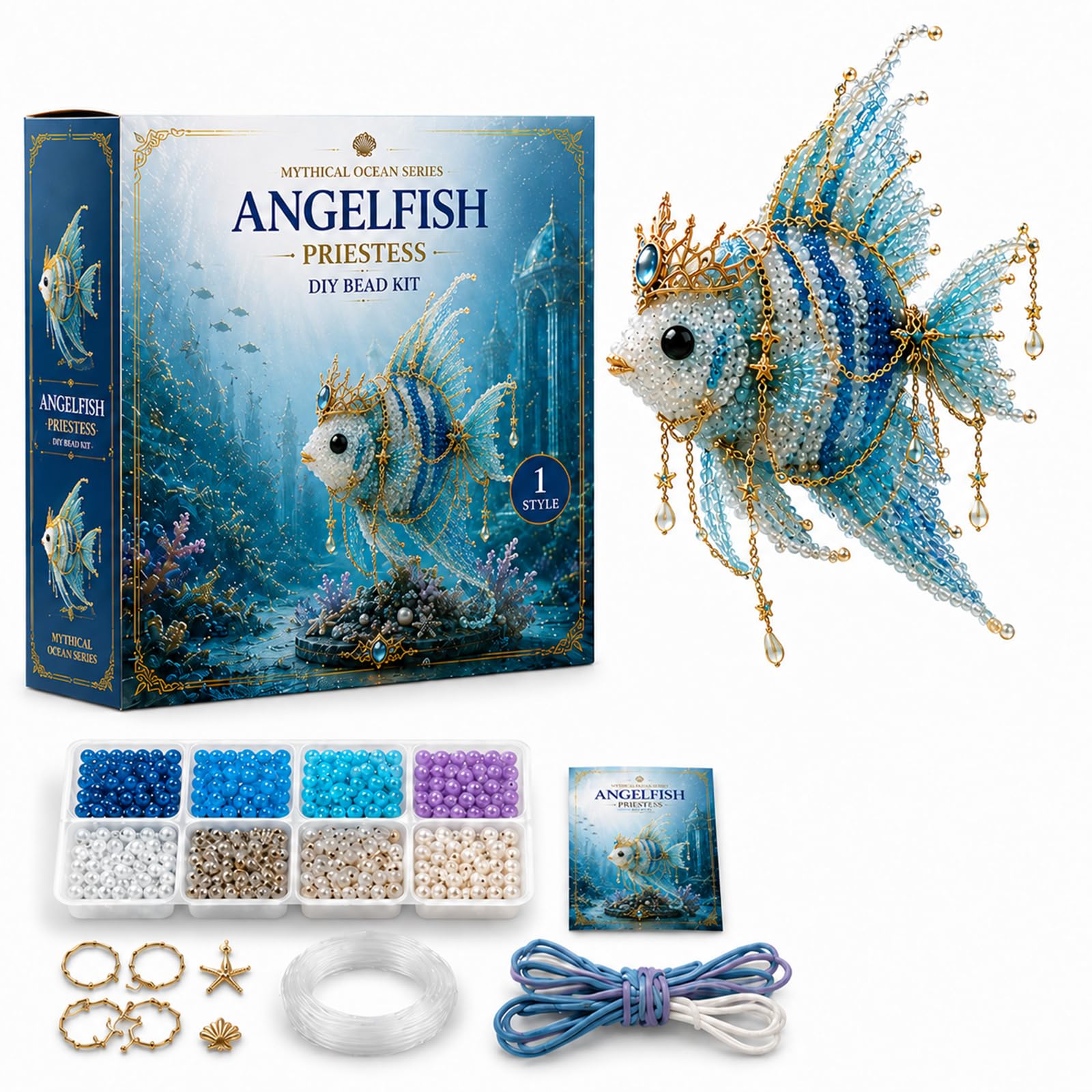 CAYLEKI Angel Fish Mythical Sea Creature 3D Beading Kit - DIY Marine Organism Craft Set with Blue White Purple Gold Resin Beads, Metal Charms, Cord & Step-by-Step Instructions for Adults Beginners