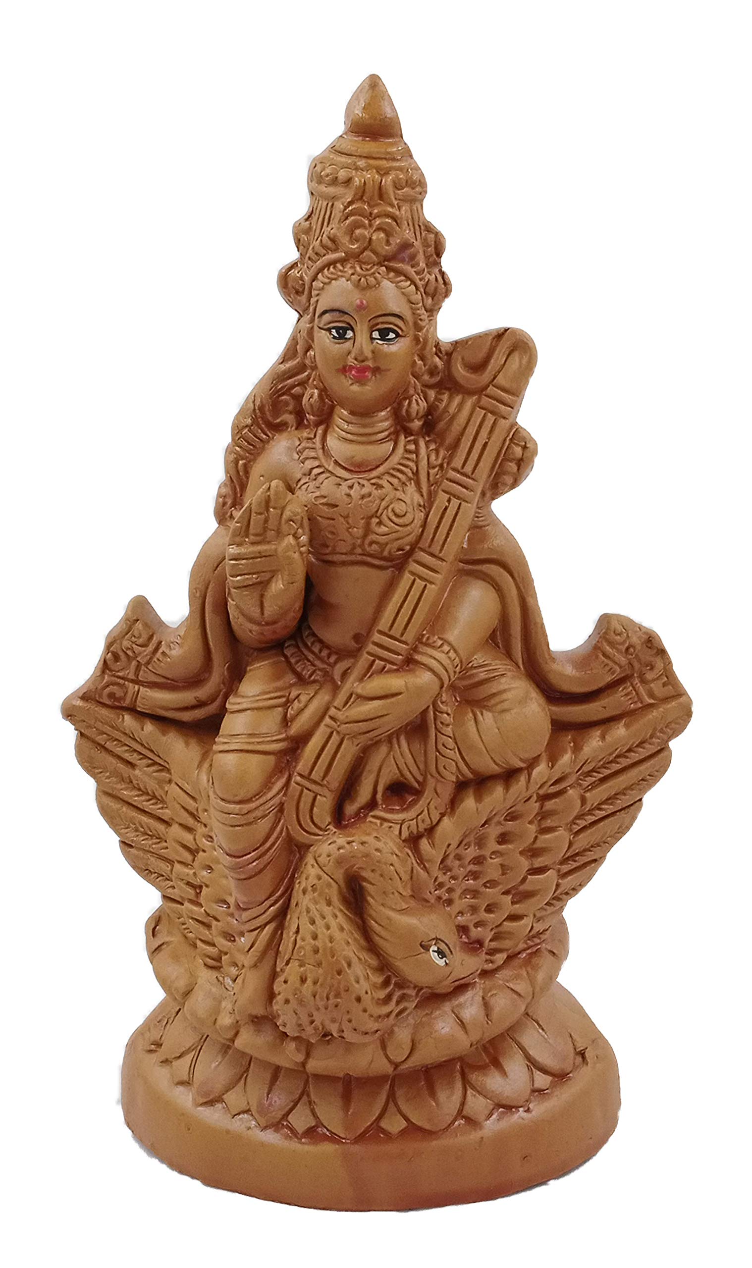 Galaxy world Handicraft mud Made Maa Saraswati with Veena on The mayur
