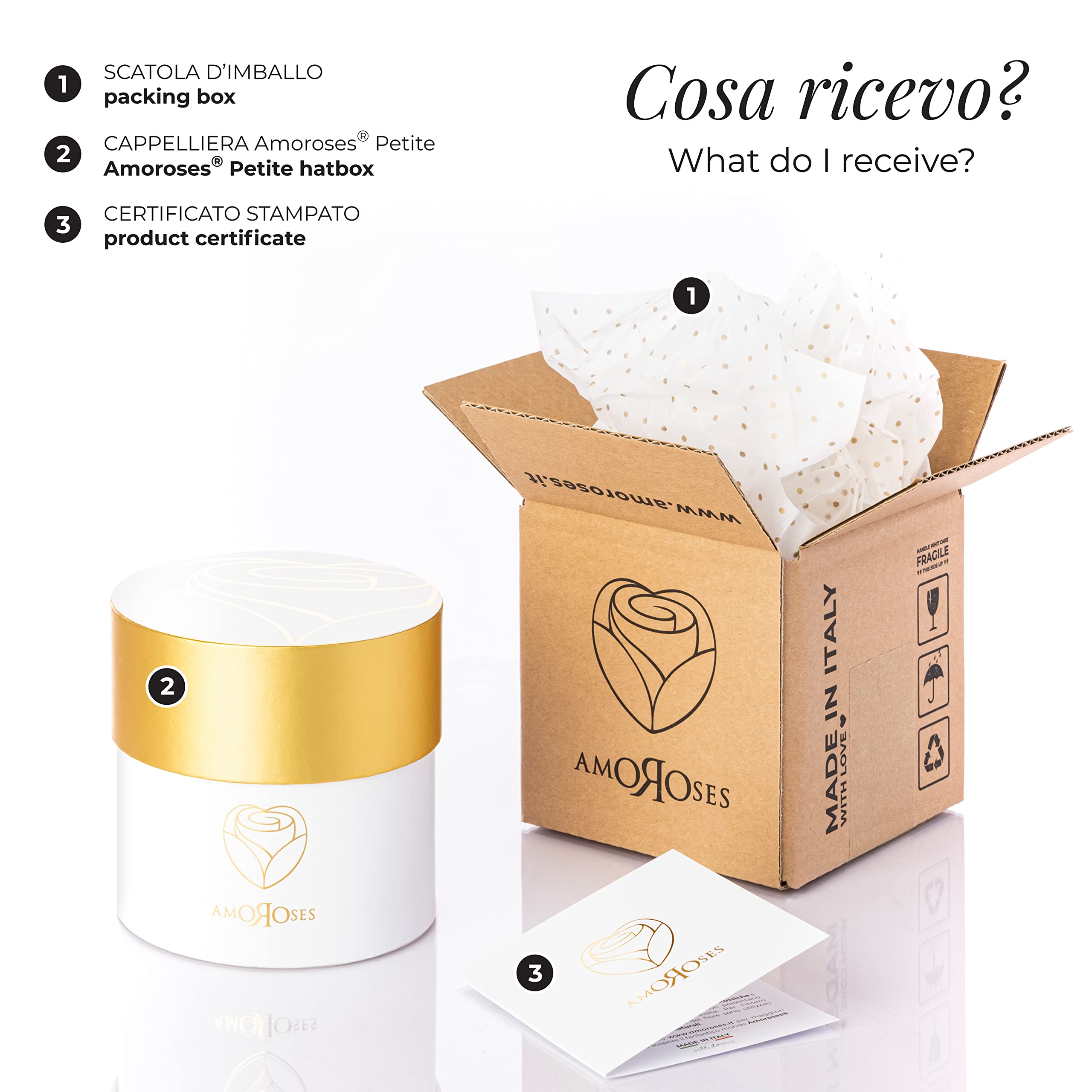 Amoroses Petite - Confezione Regalo 5 Rose Stabilizzate Eterne - Elegante Bouquet di Fiori Veri | Festa della mamma (Petite Scatola Bianca con Rose Rosa)