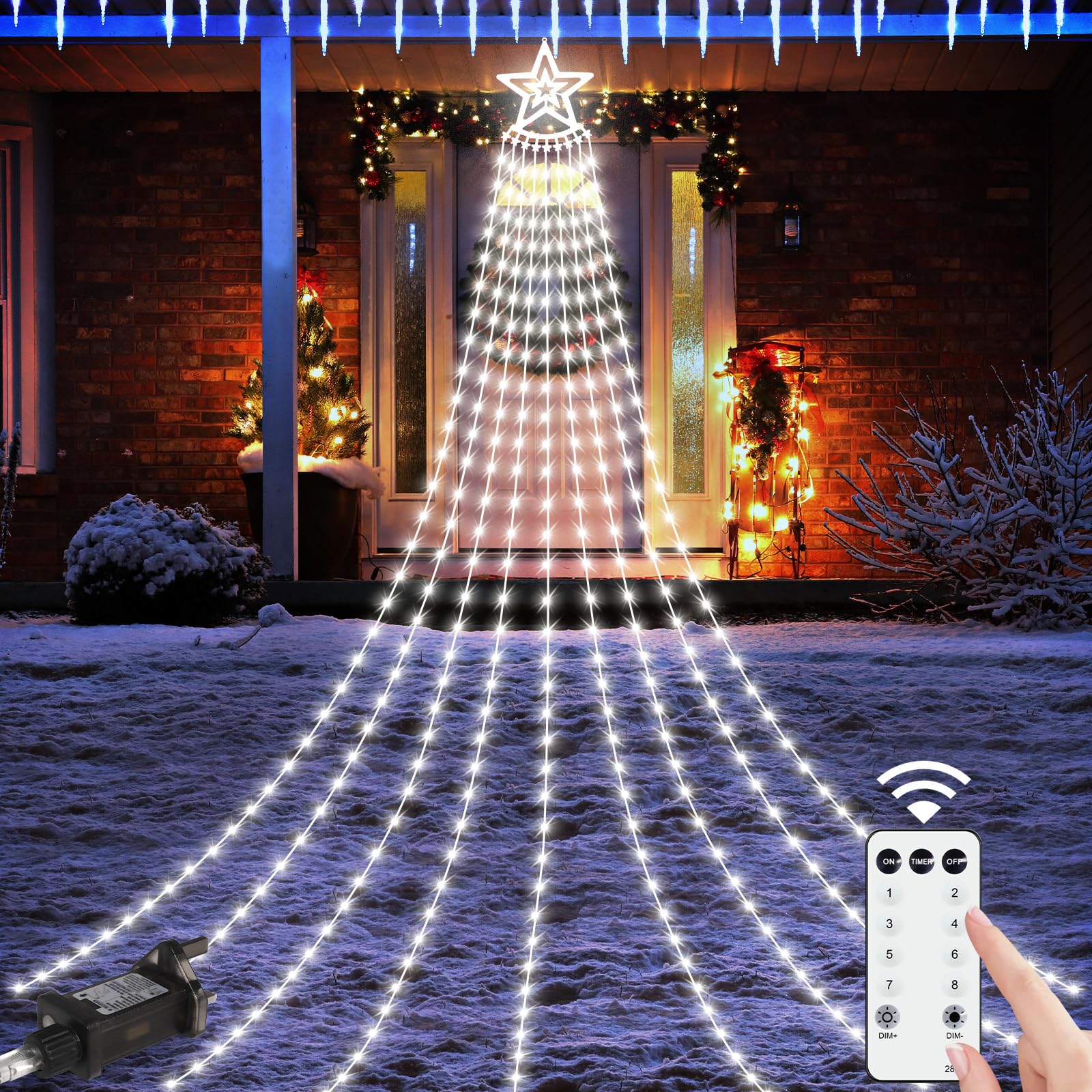 Forlivese 3.5M Christmas Tree Waterfall Lights with Ring,Waterfall Christmas Tree Lights Outdoor,350LED Cool White Xmas Light with 8 Lighting Remote&Timer&Dimmable,IP65 Waterproof for Garden Decor