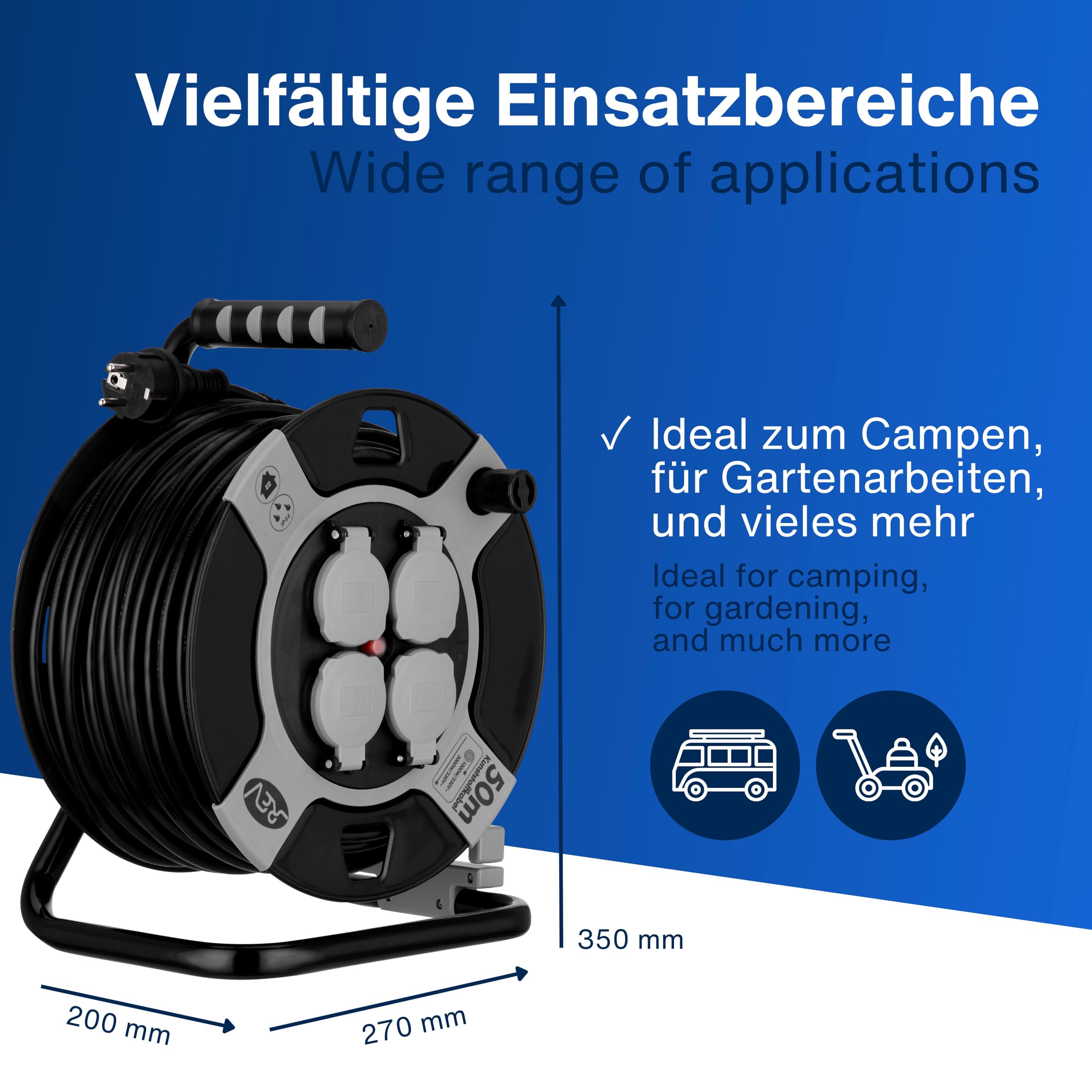 REV - Carrete de cable EX H05VV-F alargador para exteriores IP44-50 m, ideal para jardín y camping, 4 enchufes - Gris