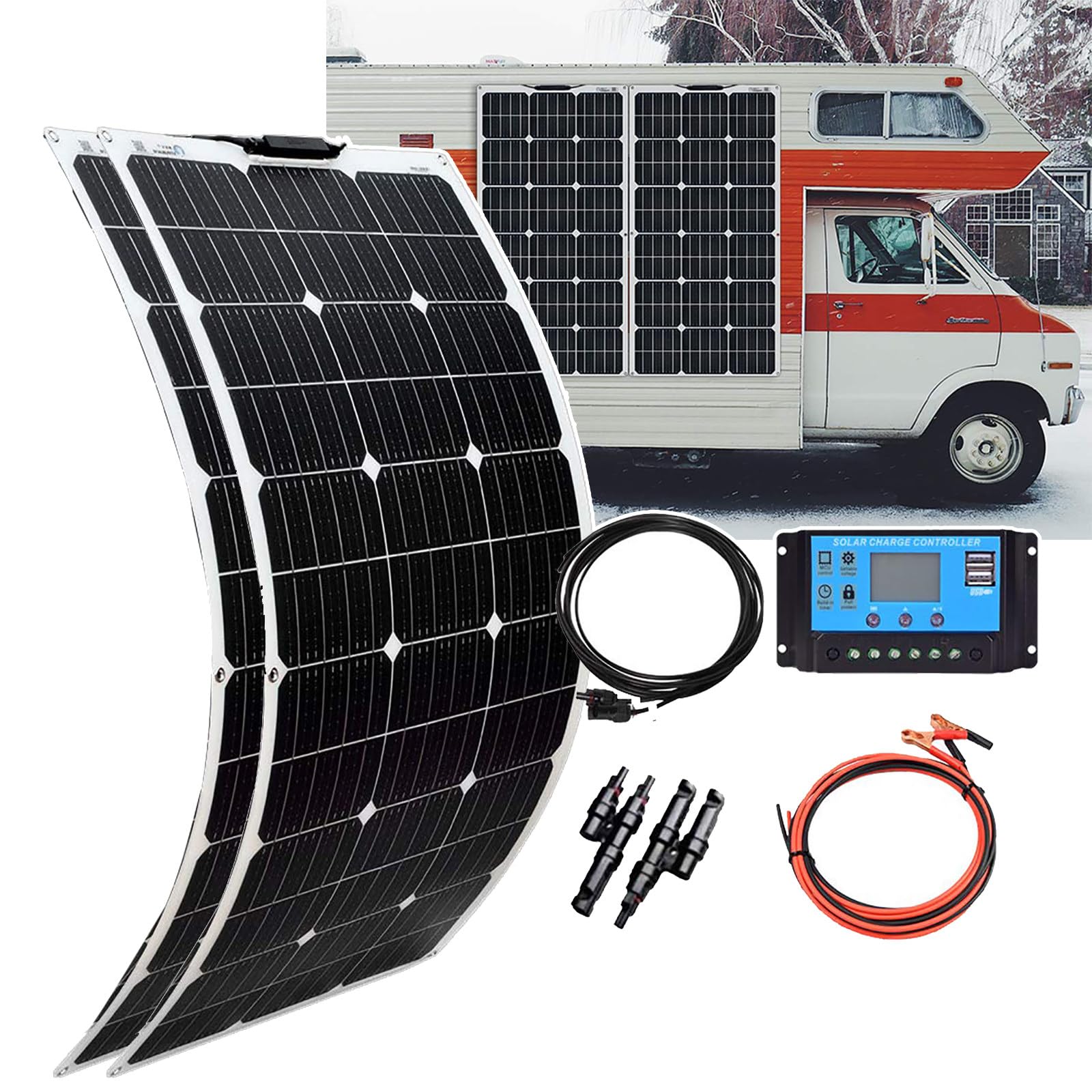 Kit Pannello Solare Flessibile (80w/160w/240w/320w), Ricarica Batteria 12V + Controller Solare 40A, per Barca, Auto, Roulotte, 77x51cm,80W
