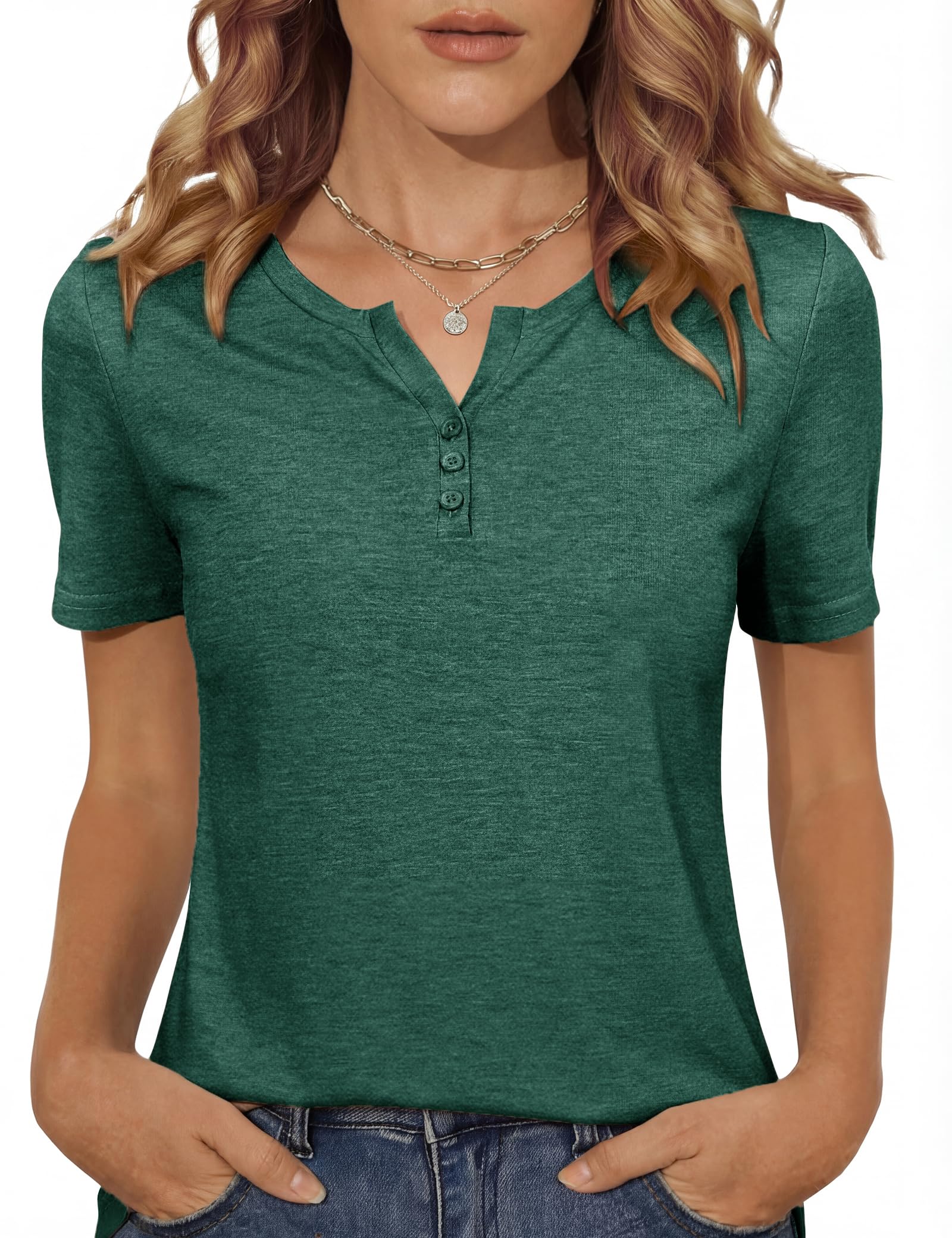 Totatuit Damen T-Shirt Kurzarm Sommer Henley mit Knopfleiste Basic Shirt V-Ausschnitt Einfarbig Oberteil Casual