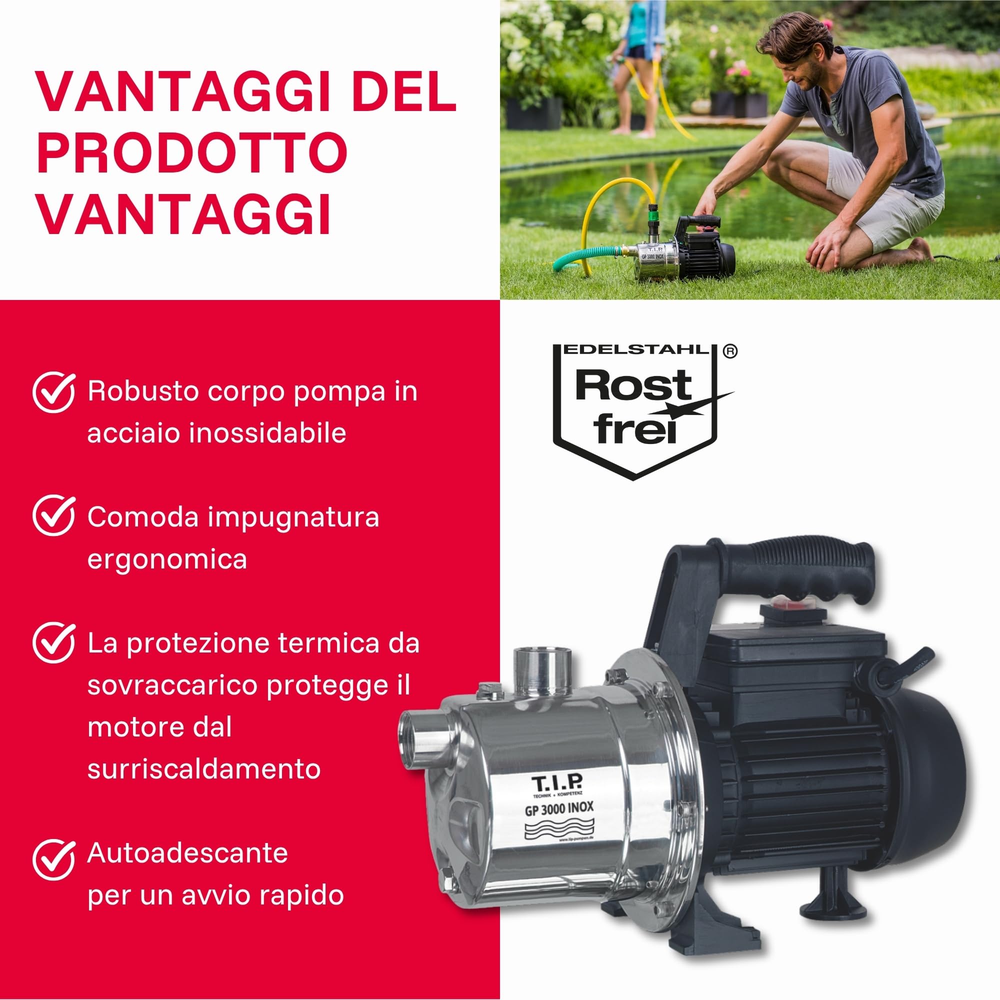 T.I.P. 30111 pompa da giardino in acciaio inox GP 3000 INOX, portata fino a 2.950 l/h, (L x P x A) 350 x 175 x 265 mm, 550W