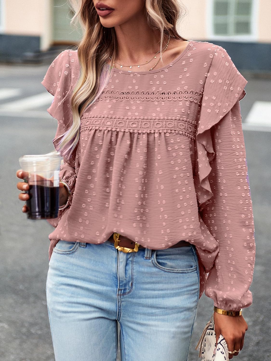 Women's Casual Tops Crewneck Lace Crochet Flowy Ruffle Shoulder Long Sleeve Blouses Shirts - Image 4