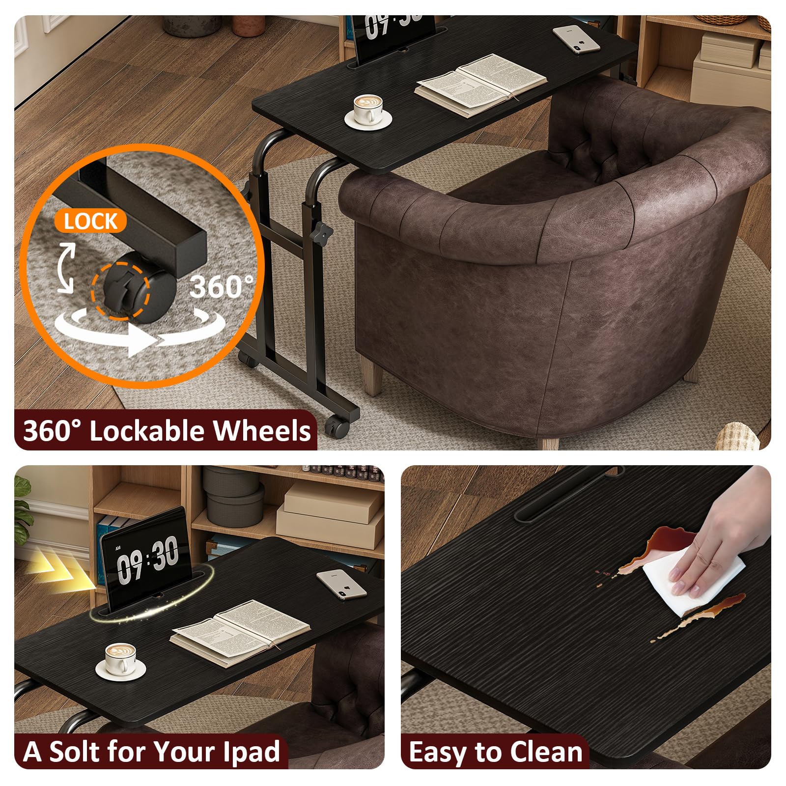 LINGMI Table inclinable, table de lit avec roulettes, hauteur et longueur réglables, plateau de support pour ordinateur portable