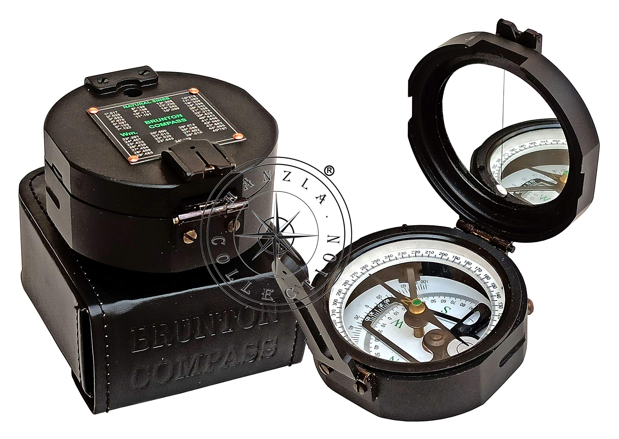 Hanzla Collection 100% Working Brass Brunton Antique Pocket Transit Compass with Leather Case-image-16