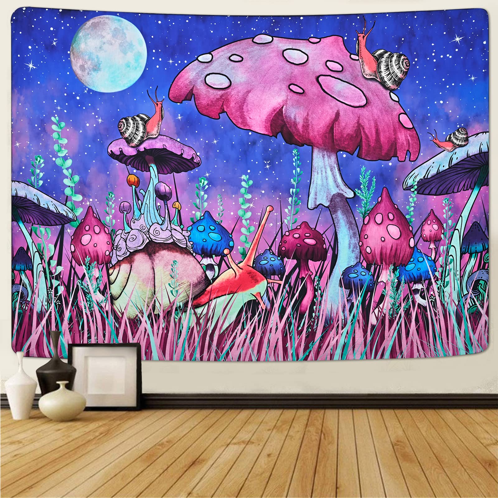 Boniboni Mushroom Tapestry Moon and Stars Tapestry Snail Tapestry Plants and Leaves Tapestries Fantasy Fairy Tale Tapestry Wall Hanging for Bedroom(51.2 x 59.1 inches)