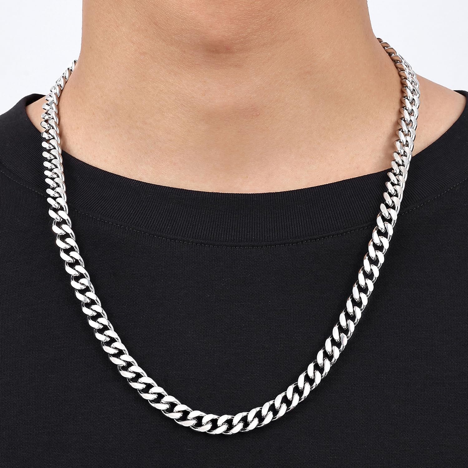 Fiusem Silver Tone Chain Necklace for Men, 9mm 14K Silver Plated Stainless Steel Cuban Link Chain Necklace, Men's Chains 22 Inch - Image 2