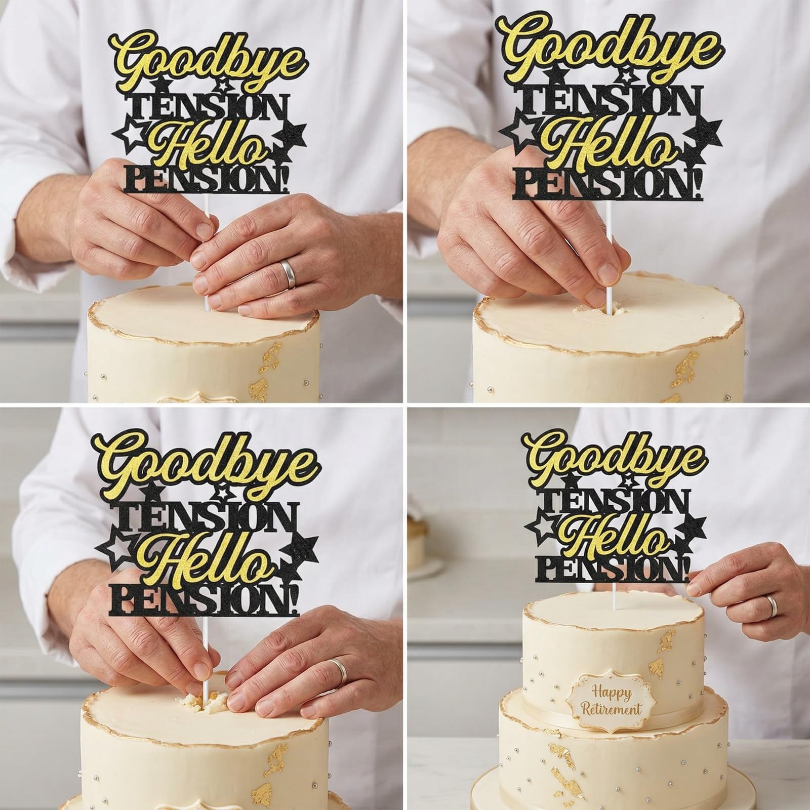 Retirement Cake Topper - Happy Retirement Cake Decor with Funny Saying "Goodbye TENSION, Hello PENSION!" - Elegant Black Gold Party Decoration for Adult Celebration 2.2 五点描述 — view 7