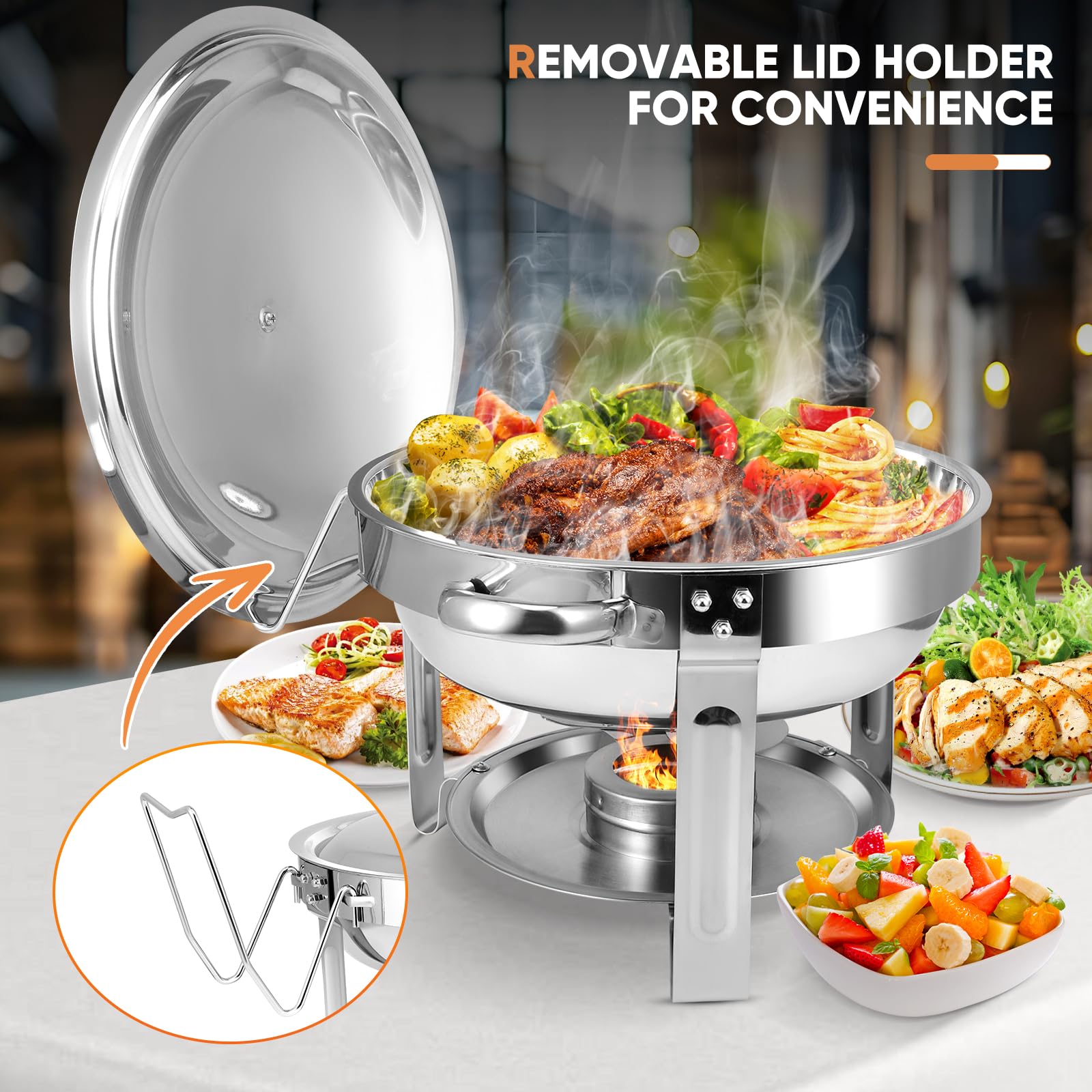Juego de 4 platos de acero inoxidable con soporte para tapa, chafers redondos y calentadores de buffet para bodas, eventos, banquetes