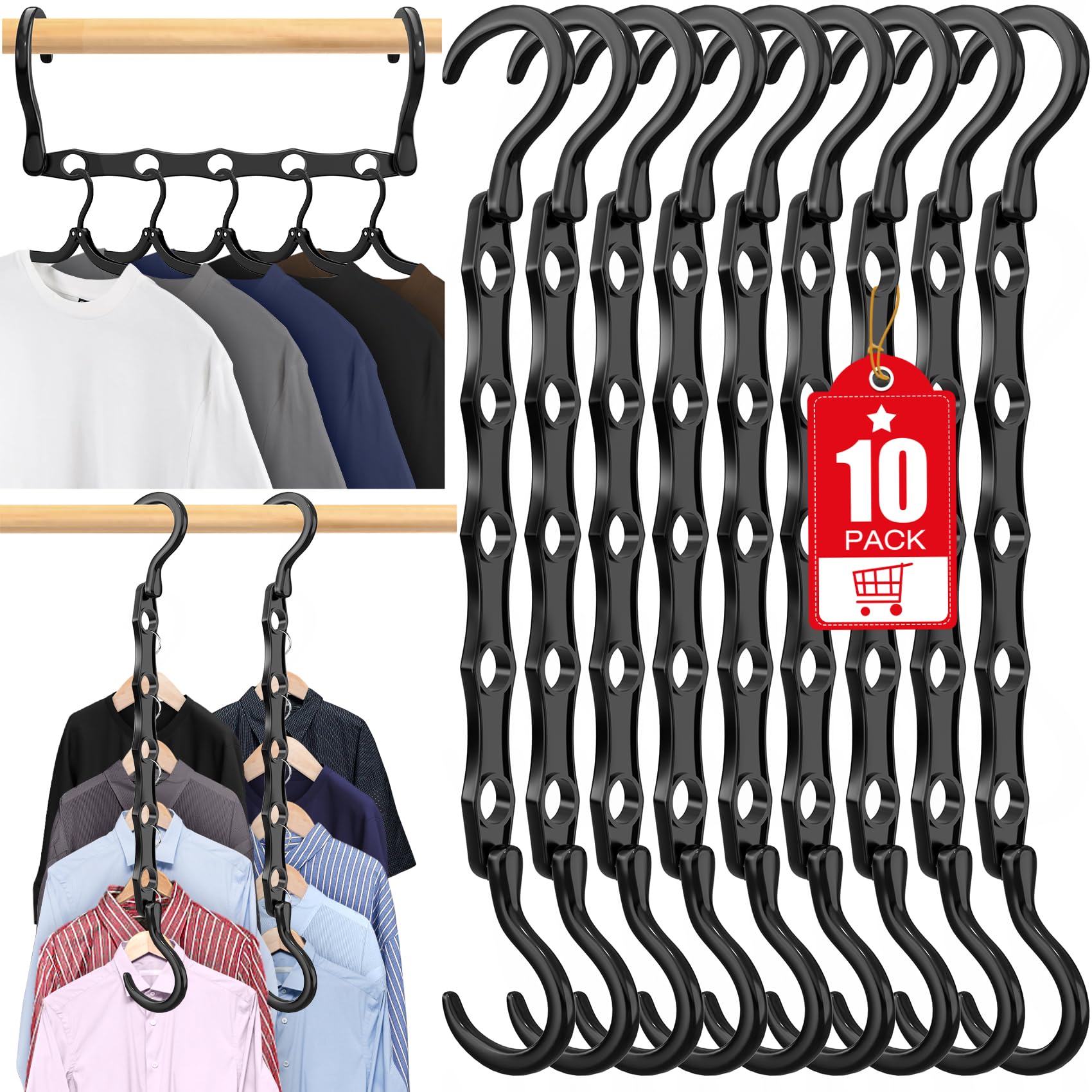 10 Pack Hangers Space Saving Magic Sturdy Plastic Hanger Organizer Shirt Space Saving Hangers, Multi Clothes Hangers Space Saver for Closet Organizers Storage College Dorm Room Essentials, Black