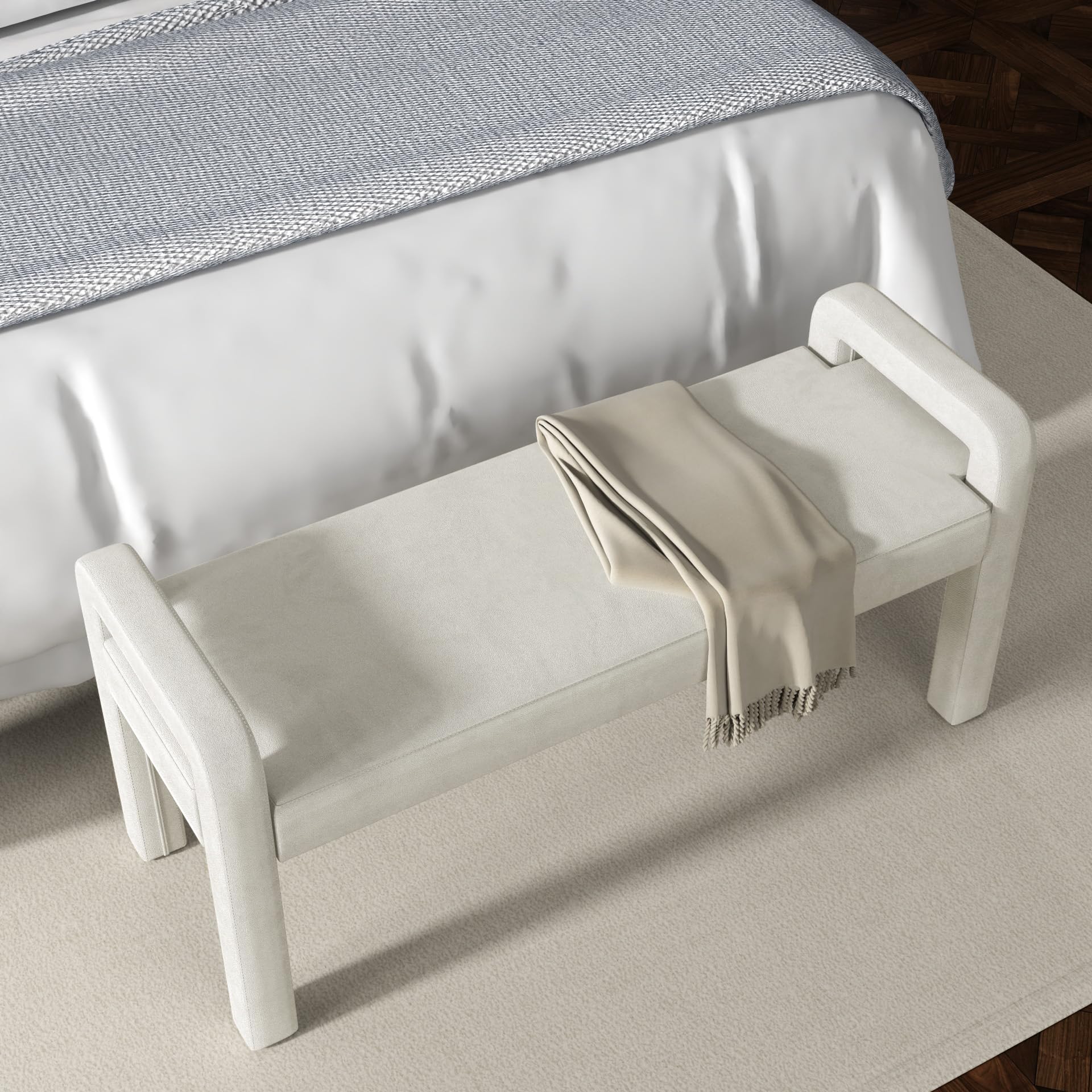 ECLYL Teddy Velvet Armrest Bench is Soft and Comfortable, with Dark Brown Wooden Legs That are Sturdy and Durable,inBedroom, Living Room, Family Room (Beige1)