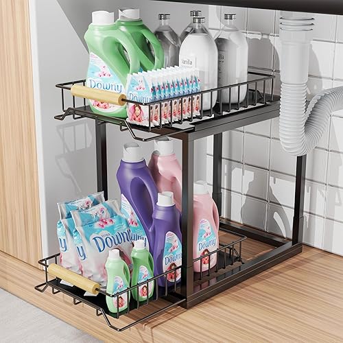 Paroto Organizador para debajo del fregadero, organizador extraíble de 2 niveles para debajo del fregadero y almacenamiento con asas de madera,
