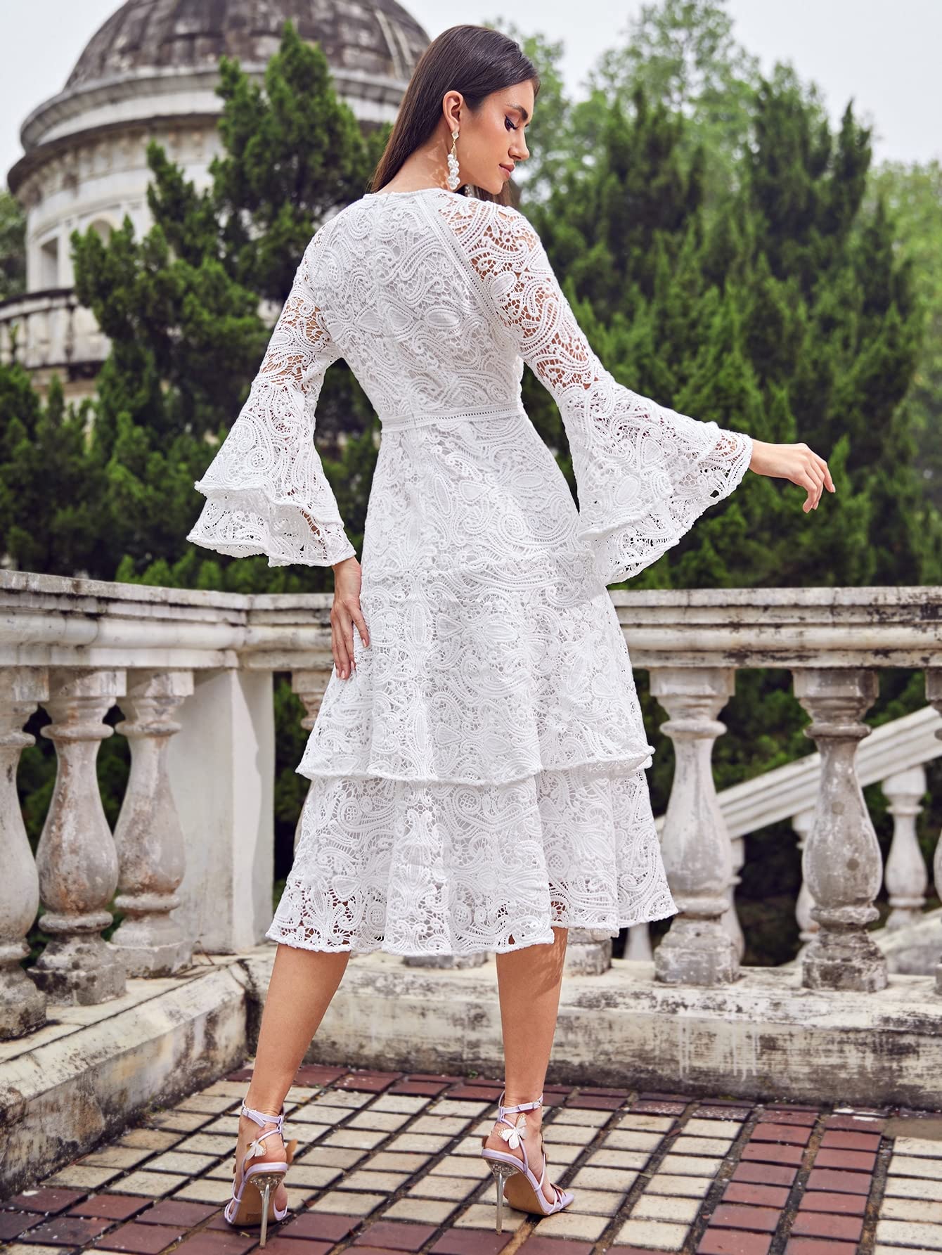 Women's Dresses Bell Sleeve Layered Ruffle Hem Guipure Lace Dress Dress for Women (Color : Mint Green, Size : XX-Large) : Clothing, Shoes & Jewelry