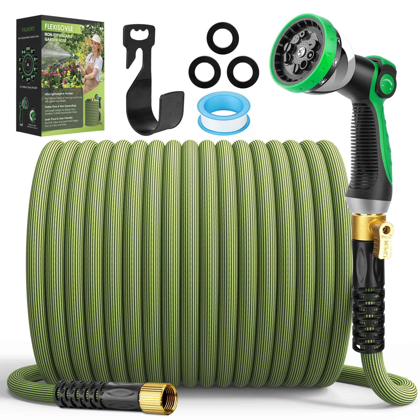 Non-Expandable Garden Hose 100 ft, Ultra Lightweight Flexible Water Hose with 10-Pattern Nozzle, Kink-Resistant, Leak-Proof, High-Density Fabric, Thickened Connector, Shut-Off Valve & Holder